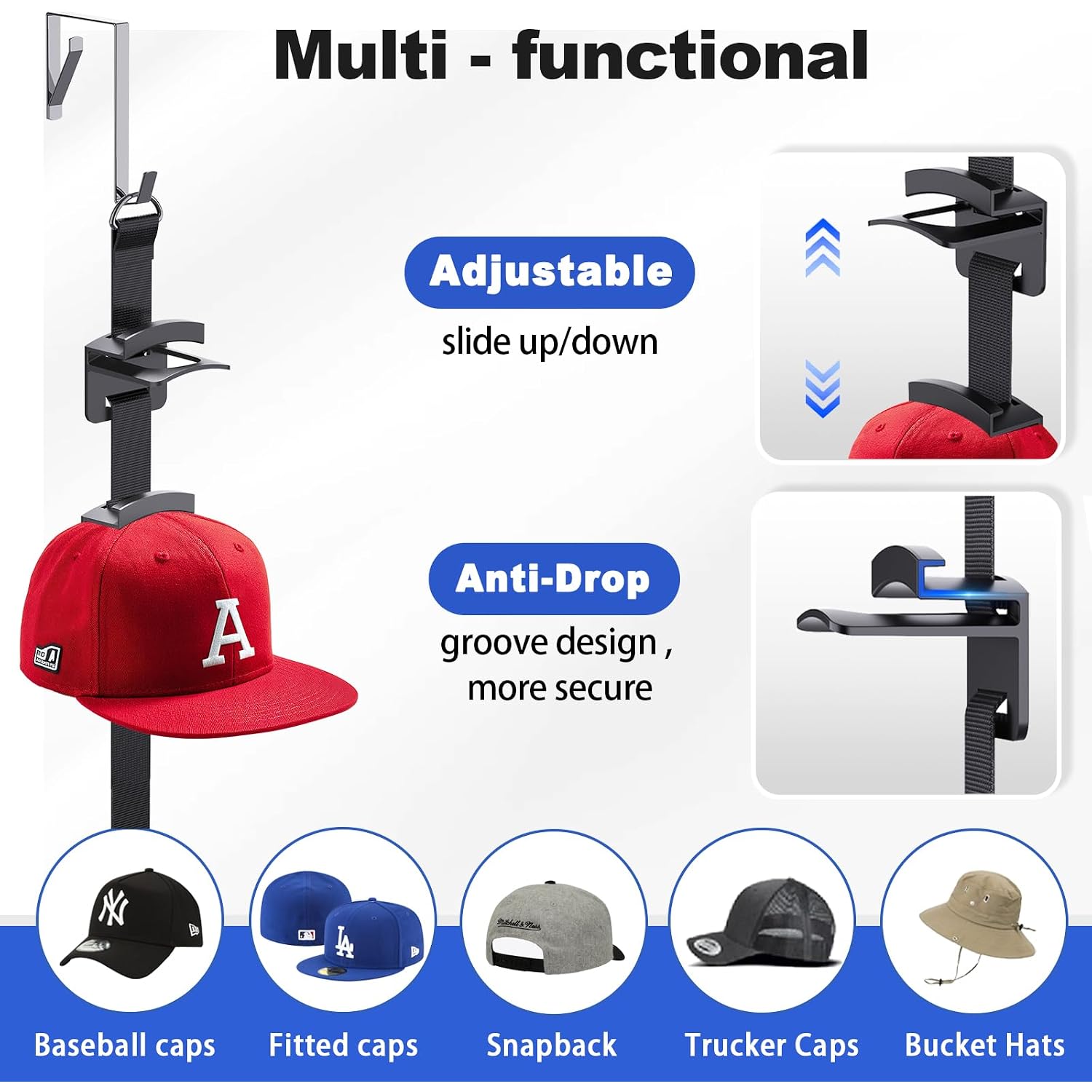 Hat Rack For Door - Two-Way Hanging Caps With Display Hooks And Hanger, Hat Organizer For Baseball Caps, Over The Door Hat Storage Organizer For Bedroom, Entrance Or Garage Doors - 1 Pack