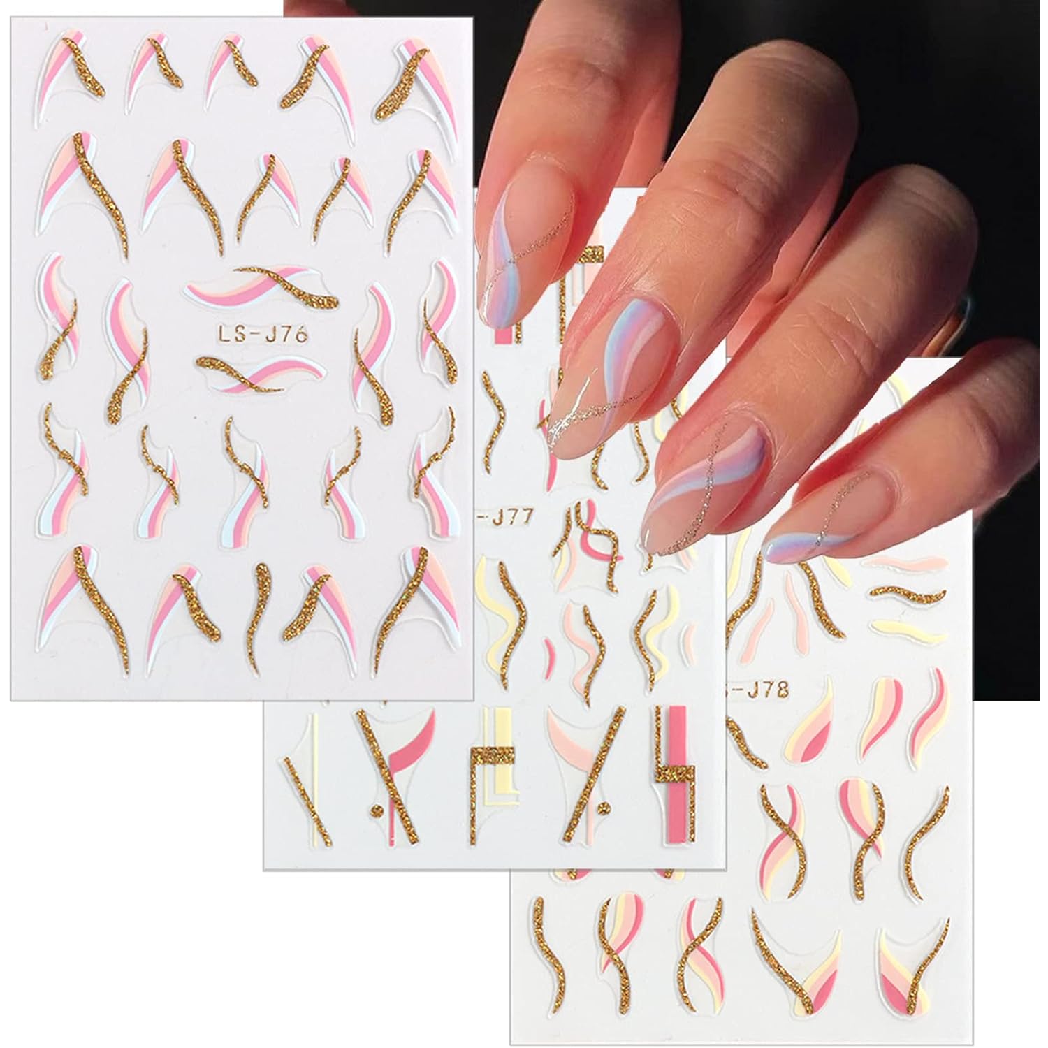 French Shining Line Nail Art Stickers - Gold Metal Curve Wavy Stripe Decals, 3D Glitter Lines, DIY Nail Manicure Decoration for Women