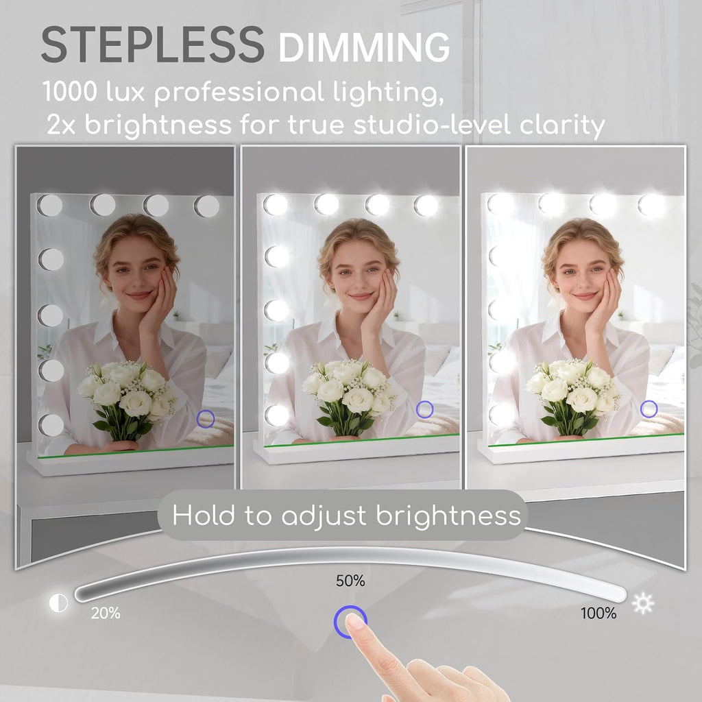 Hollywood Vanity Mirror With Lights, 23" X 18" Lighted Makeup Mirror With 15 Led Bulbs, 3 Color Lights, 10X Magnification, Desk/Wall Mounted, Bedroom College Dorm Room Essentials