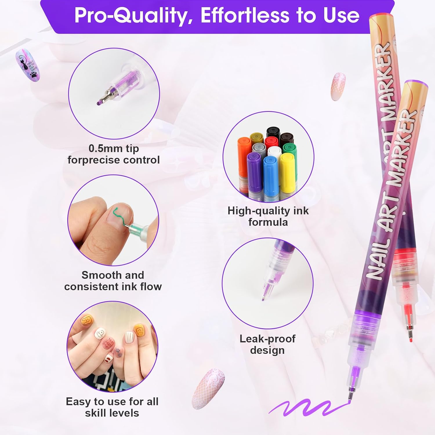 24 Color 0.5mm Fine Tip Nail Art Pen Set - Non-Toxic, Quick-Drying Nail Art Markers with 26 Nail Stickers, Leak-Proof Design for DIY Nail Art, Greeting Cards, Object Painting & Holiday Doodling