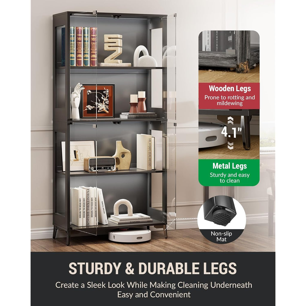 Display Cabinet With Glass Doors, 4-Tier Curio Cabinet With Adjustable Shelves, Glass Display Case For Collectibles, 60000 Color Led Lights With App & Remote Control, Metal Base Storage Cabinet, Black