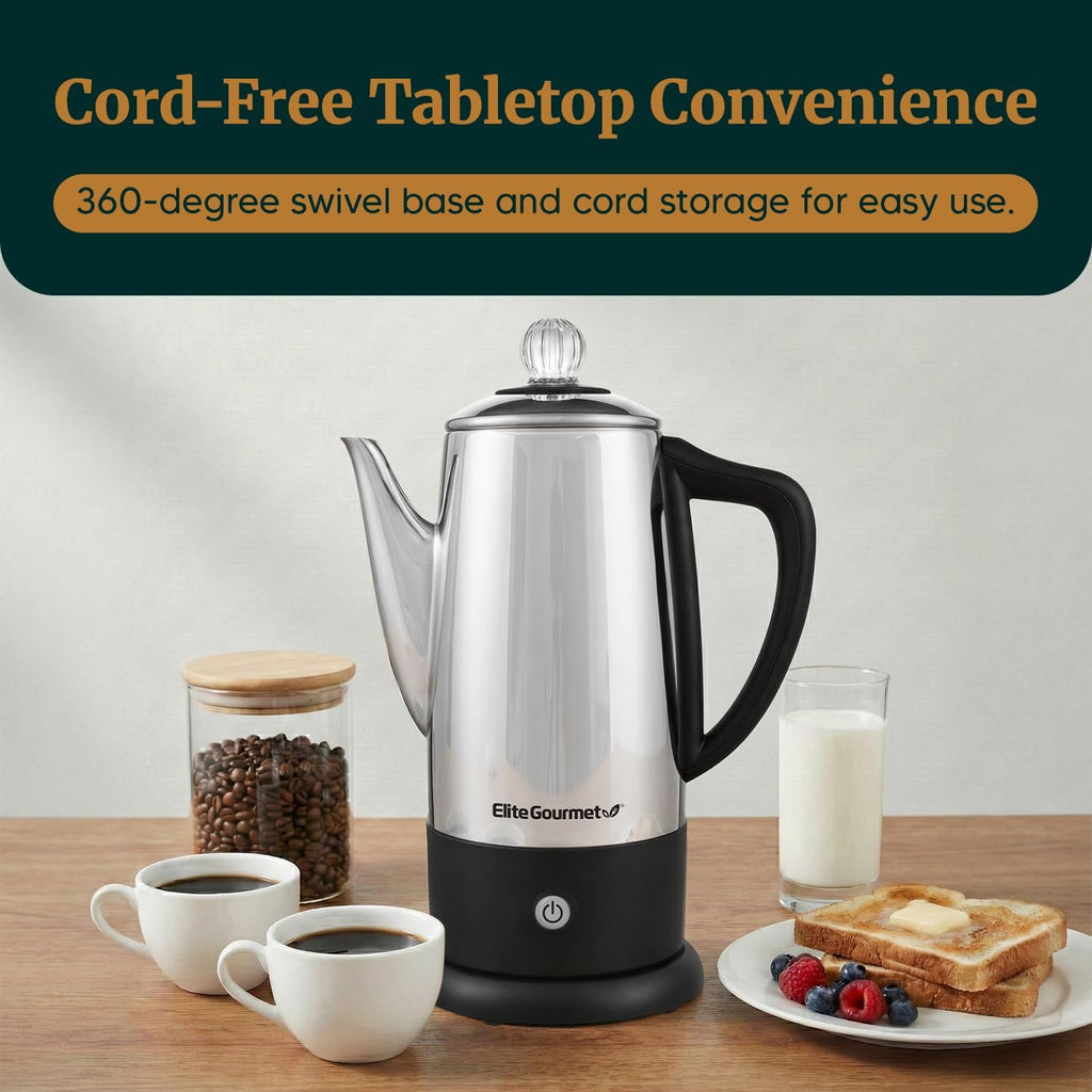 Elite Gourmet Ec812 Electric 12-Cup Coffee Percolator With Keep Warm, Clear Brew Progress Knob Cool-Touch Handle Cord-Less Serve, Stainless Steel