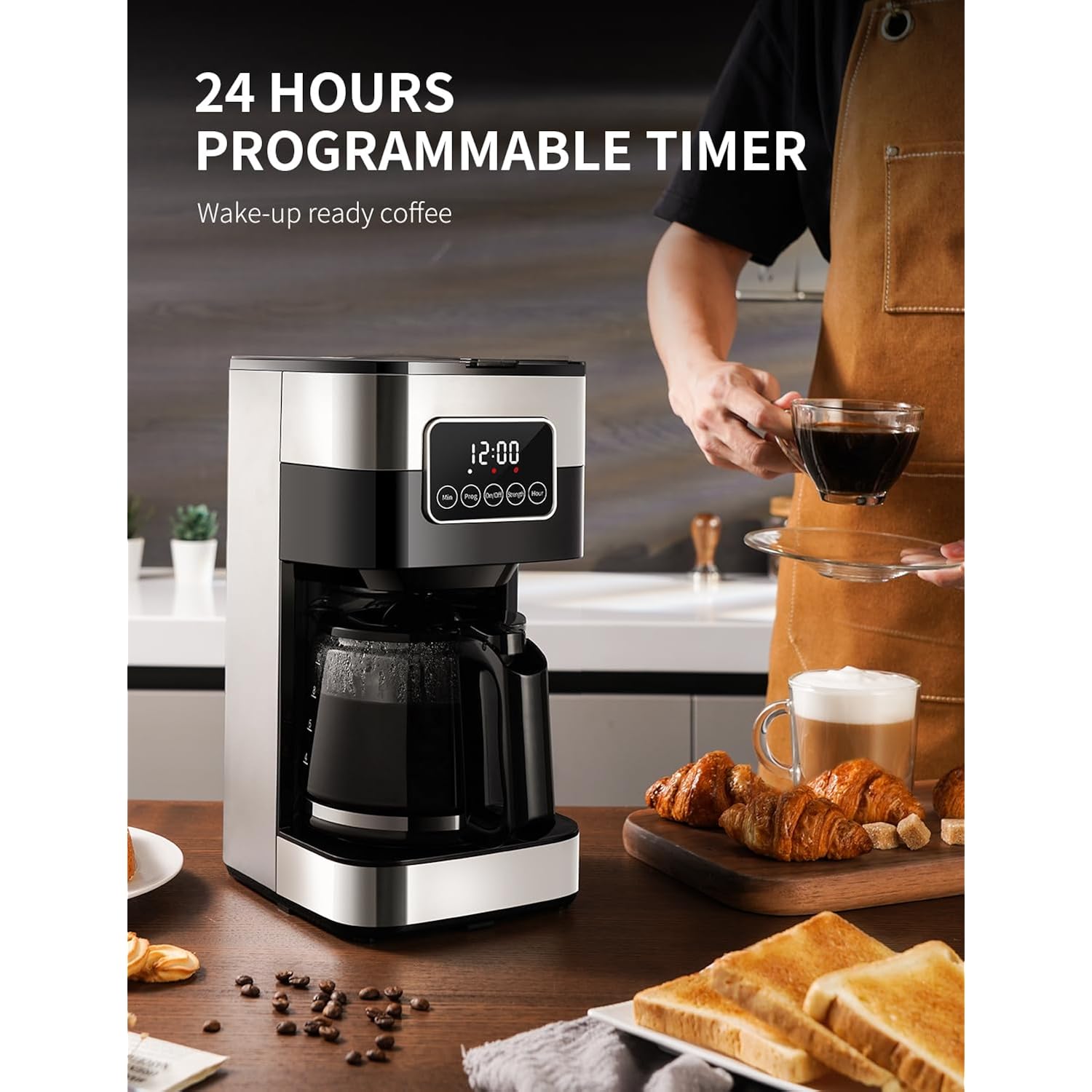 SHARDOR 10-Cup Programmable Coffee Maker, Regular & Strong Brew Drip Coffee Machine for Home and Office, Auto Shut Off, Permanent Filter, Silver