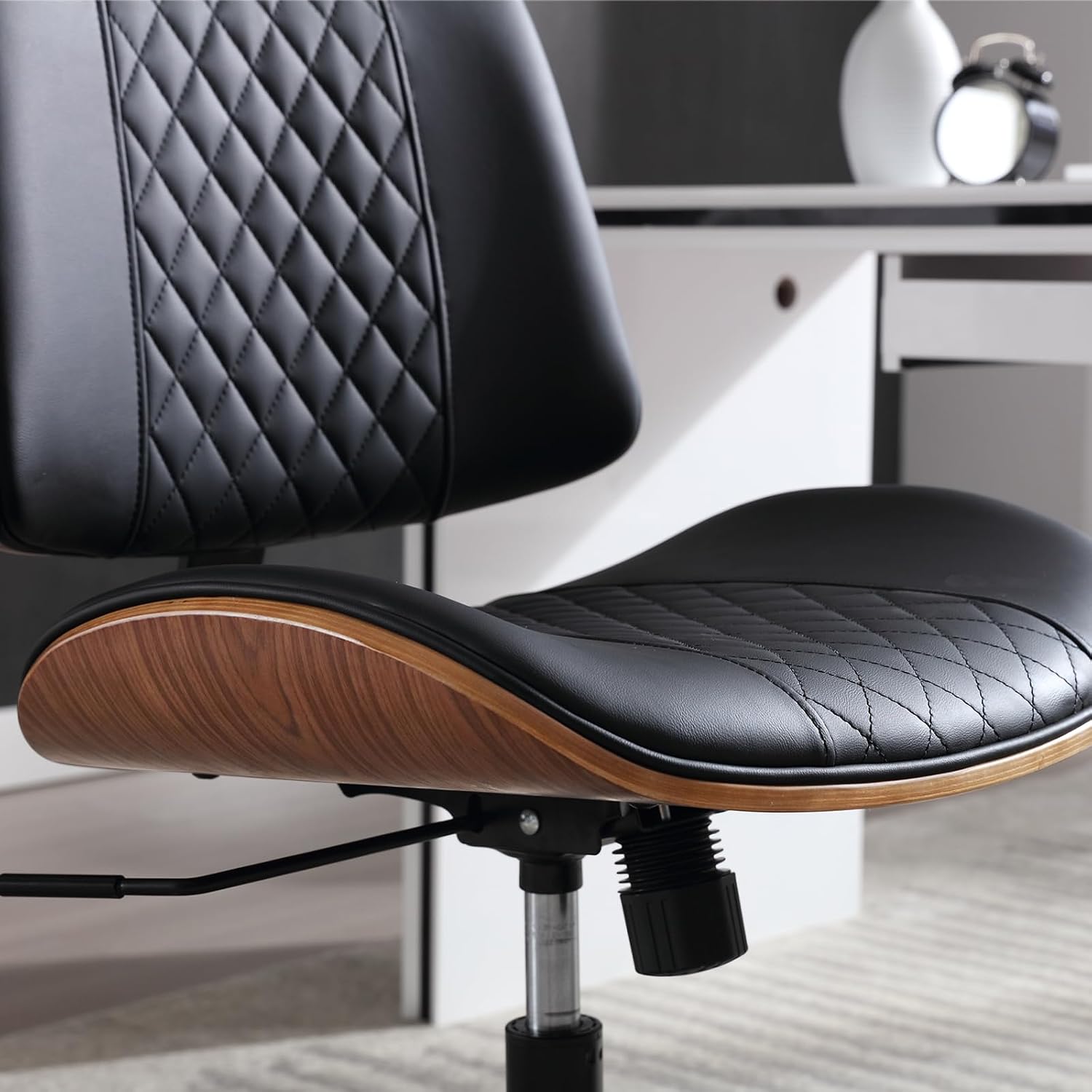 Home Office Chair No Arms With Wheels, Adjustable Height Small Desk Chair, Pu Leather Mid Back 360 Swivel Computer Chair, Armless Modern Walnut Chair For Office, Reading Meeting Room(Black)