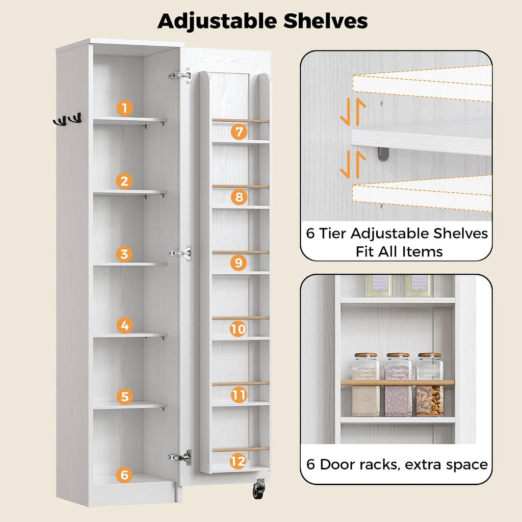 Ironck Narrow Kitchen Pantry Cabinet, 72" H,Slim For Small Place, White | Single Door With 6 Adjustable Shelves, Door Rack And Wheels, Space Saving Freestanding Storage Floor Cabinet