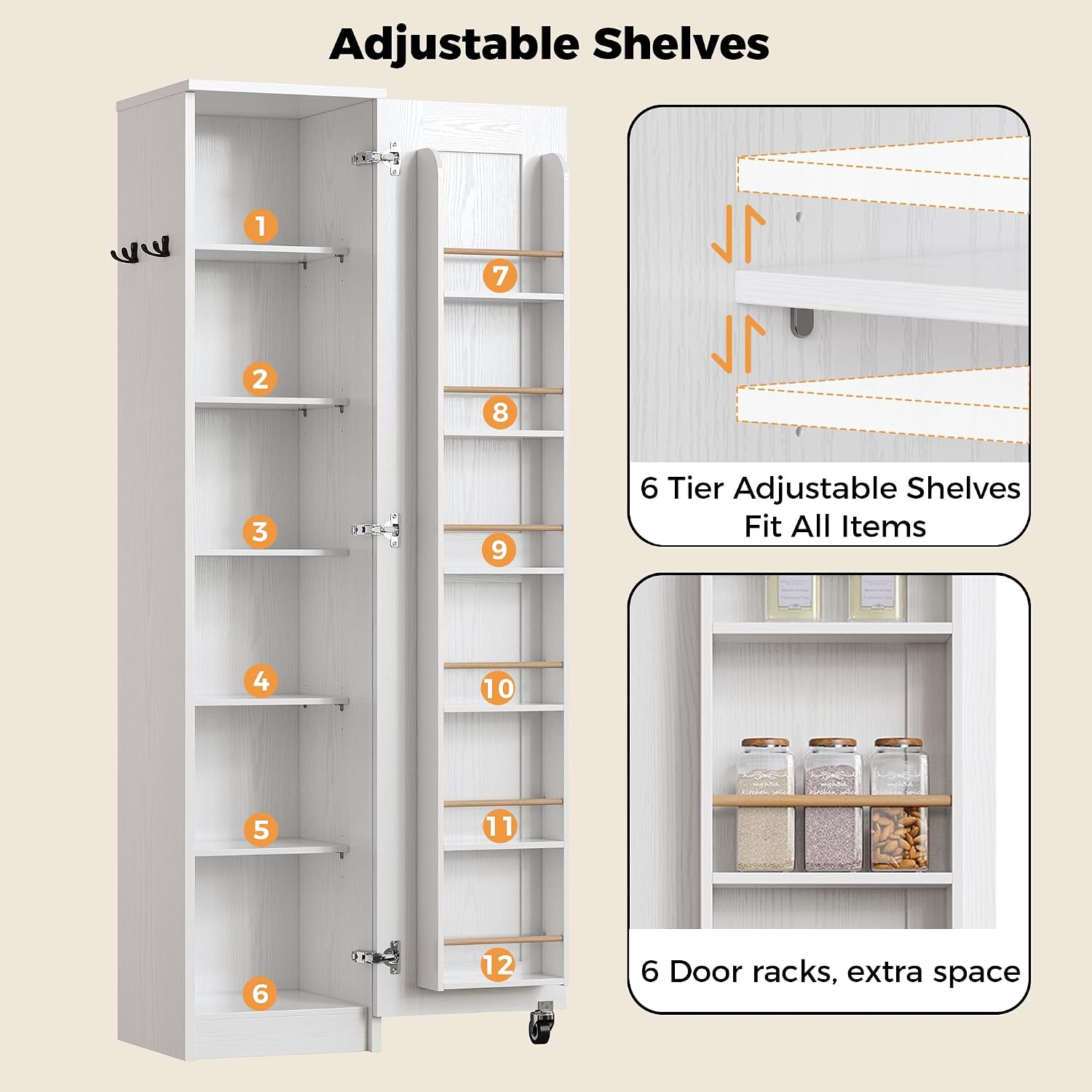 Ironck Narrow Kitchen Pantry Cabinet, 72" H,Slim For Small Place, White | Single Door With 6 Adjustable Shelves, Door Rack And Wheels, Space Saving Freestanding Storage Floor Cabinet