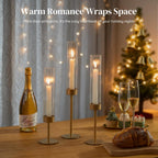 Gold Hurricane Taper Candle Holders: Glasseam 3Pcs Brass Candlestick Holders with Ribbed Glass Cylinder Cover Fluted Tall Candle Sticks Holder Decor for Table Centerpiece Wedding Christmas Decorations