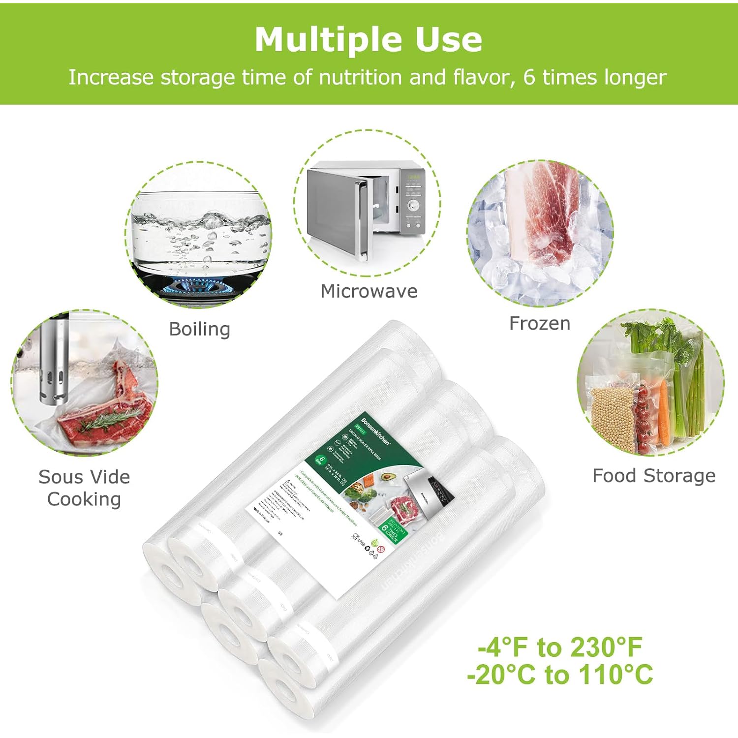 Bonsenkitchen Vacuum Sealer Rolls Bags, 3 Rolls 11"X 20'+ 3 Rolls 8"X 20' | 6 Pack, Commercial Grade, Durable, Bpa-Free, Custom-Size Vacuum Sealer Bags For Dry/Moist Food Storage And Sous Vide, Vb3211