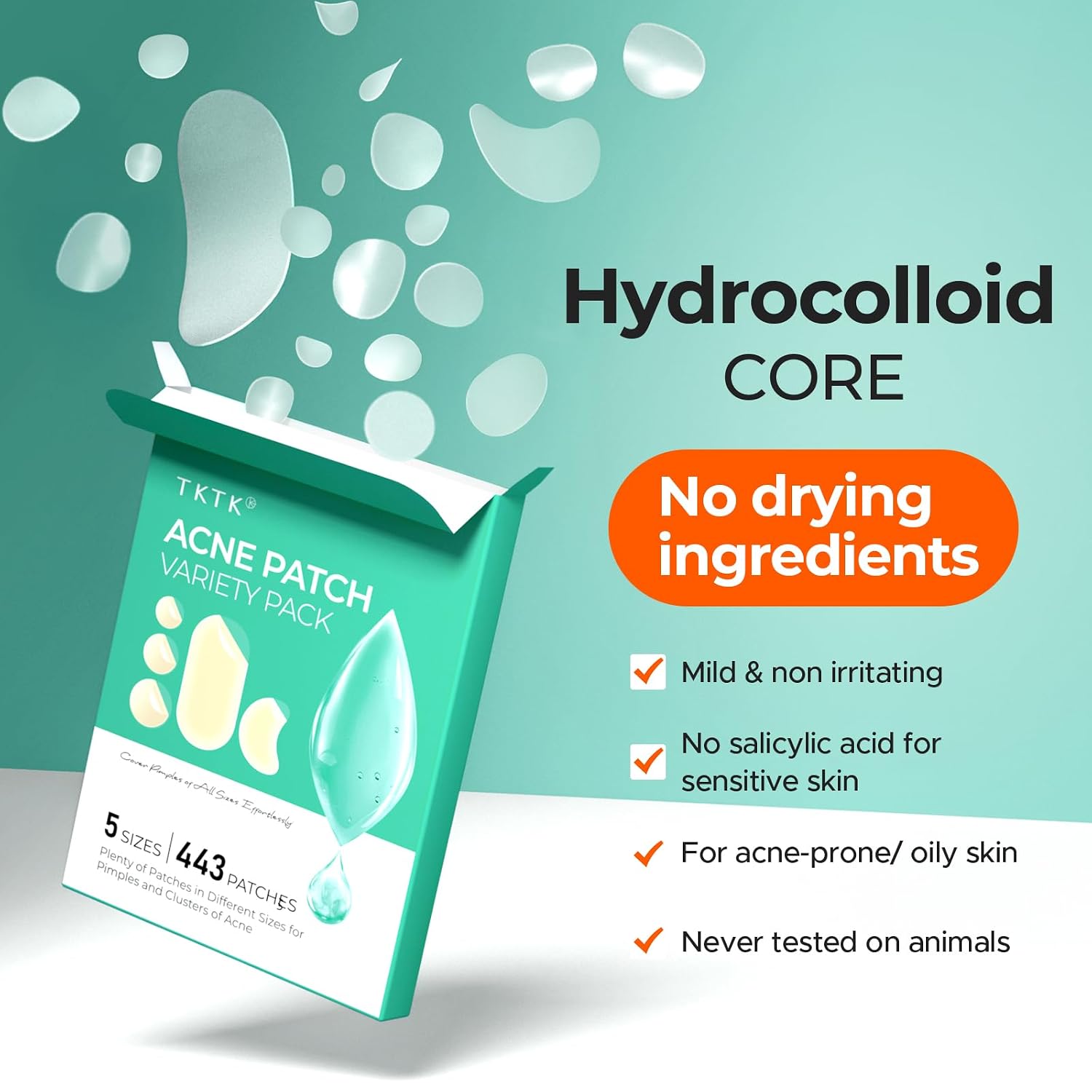 Tktk 443 Count Pimple Patches For Face, Hydrocolloid Acne Patch Bulk, Acne Stickers For Covering Cheeks, Forehead, Chin Blemishes Zit Breakouts For All Skin Types (Dots, Strip, Contoured 5 Sizes)
