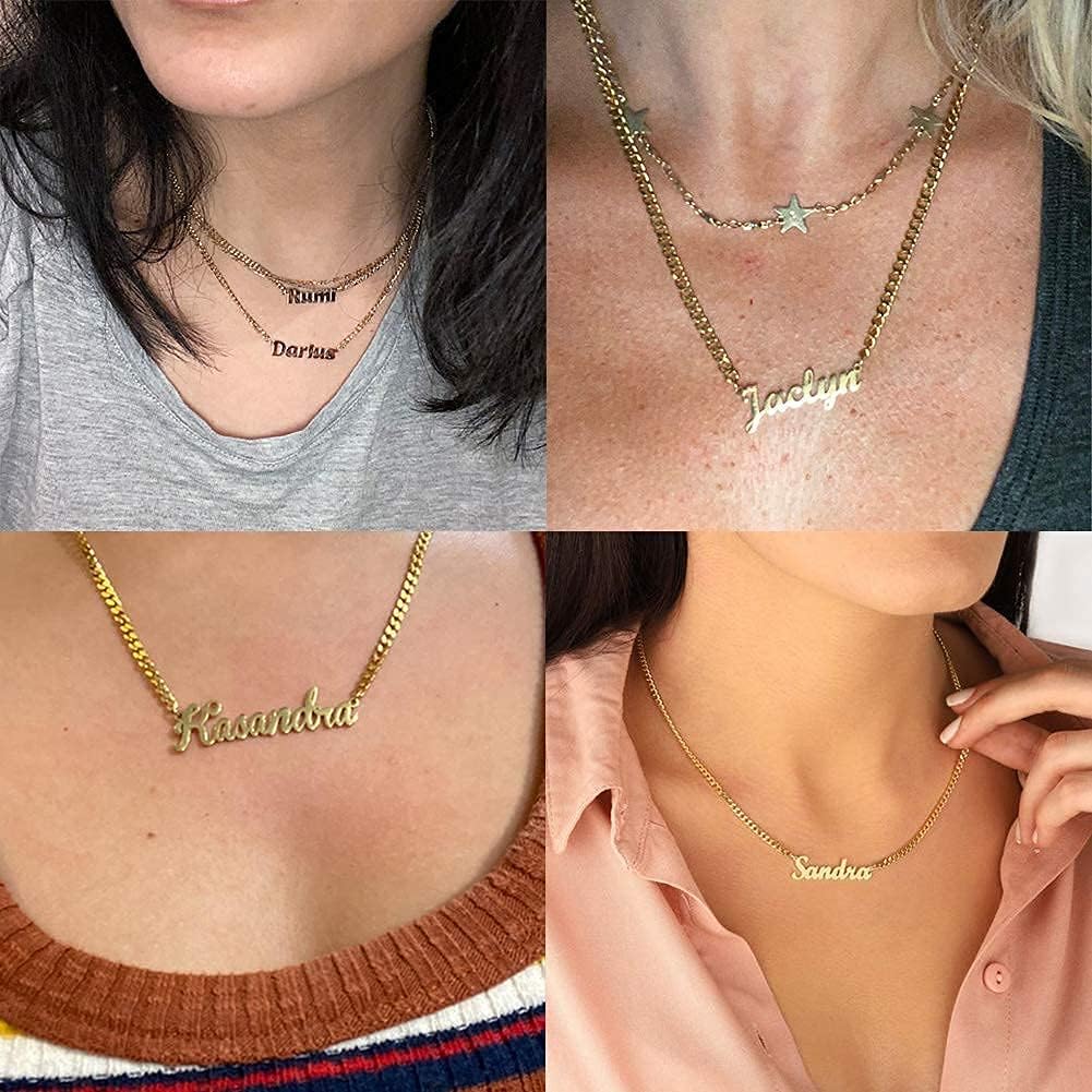 TRANGEL Name Necklace Personalized with Curb Chain, Dainty Custom Necklace with Name for Women 925 Sterling Silver Gothic Style Customized Nameplate Necklace Gifts for Christmas
