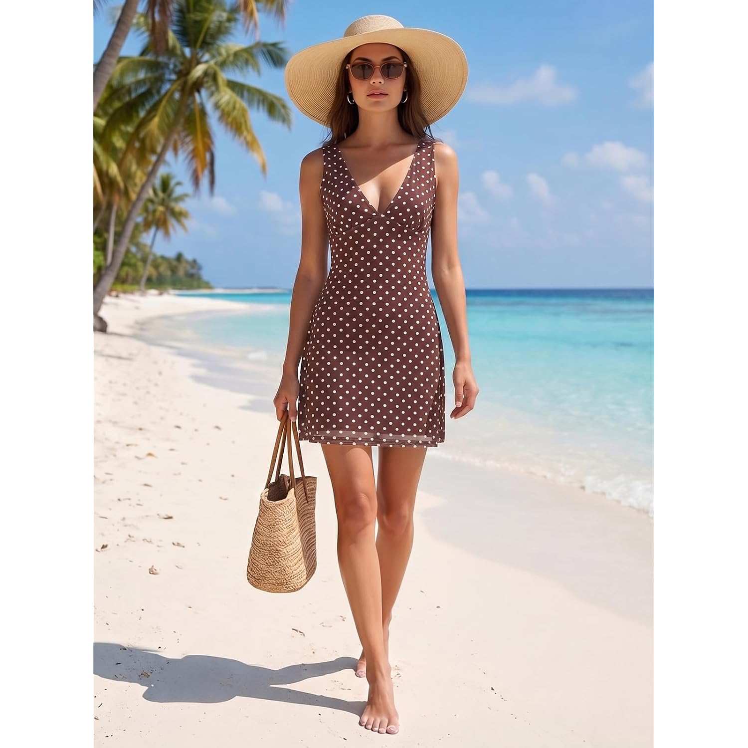 Wenrine Womens Summer Polka Dot Mini Dress Mesh Sexy V Neck Sleeveless Party Going Out Club A Line Short Dresses