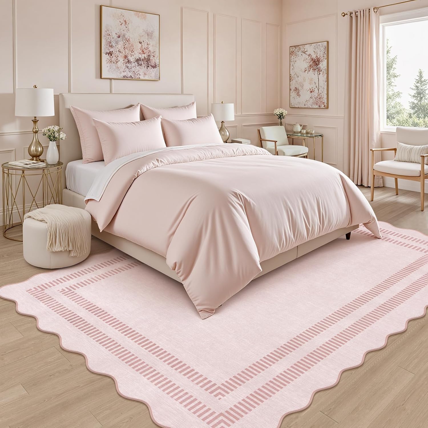 Pink Rugs For Bedroom Girls, 5X7 Washable Non Slip Area Rugs For Living Room, Soft Vintage Ultra-Thin Scalloped Carpet For Nursery Dorm Home Decor