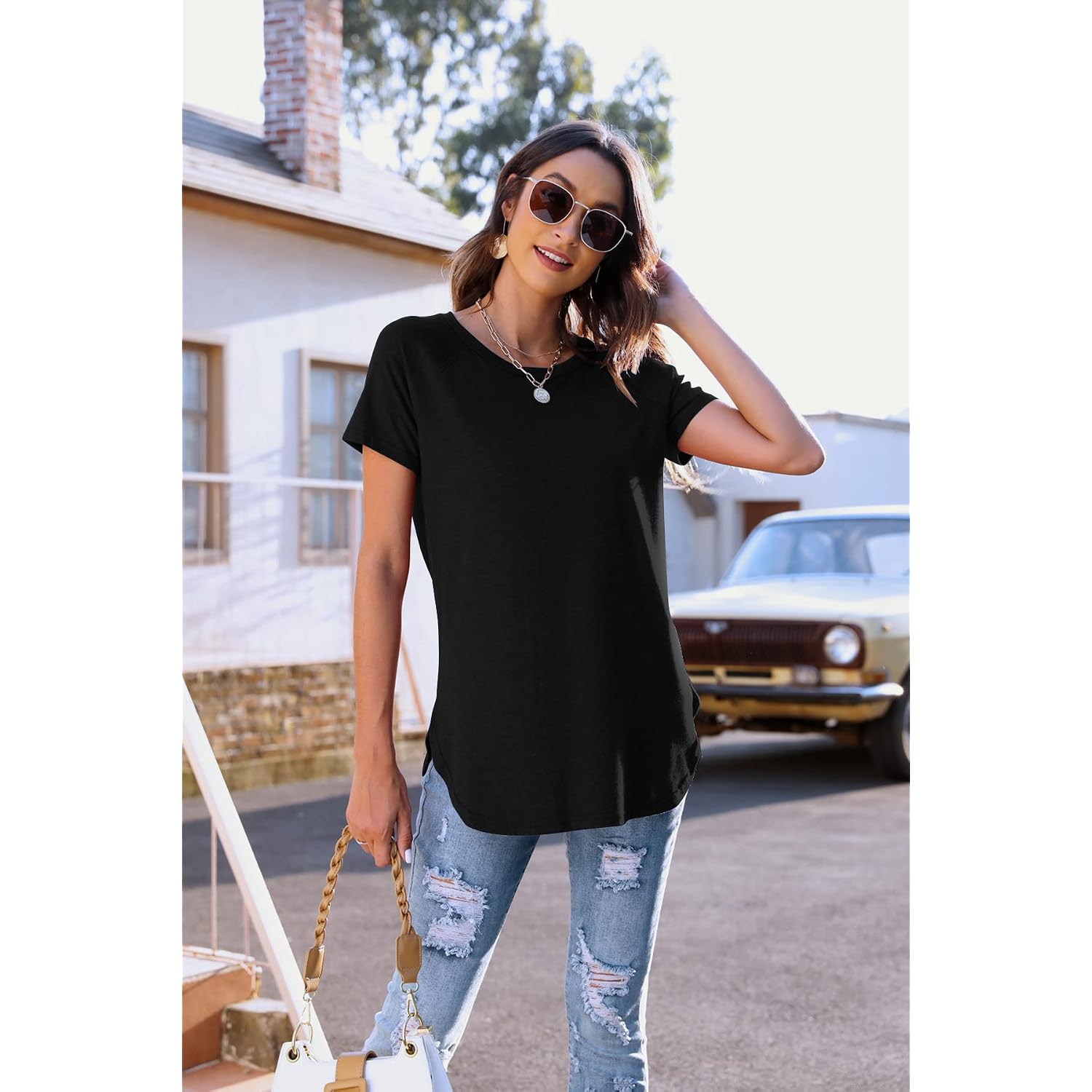 Newchoice Women's Casual Batwing Long Sleeve T Shirt Round Neck Basic Loose Tunic Tops