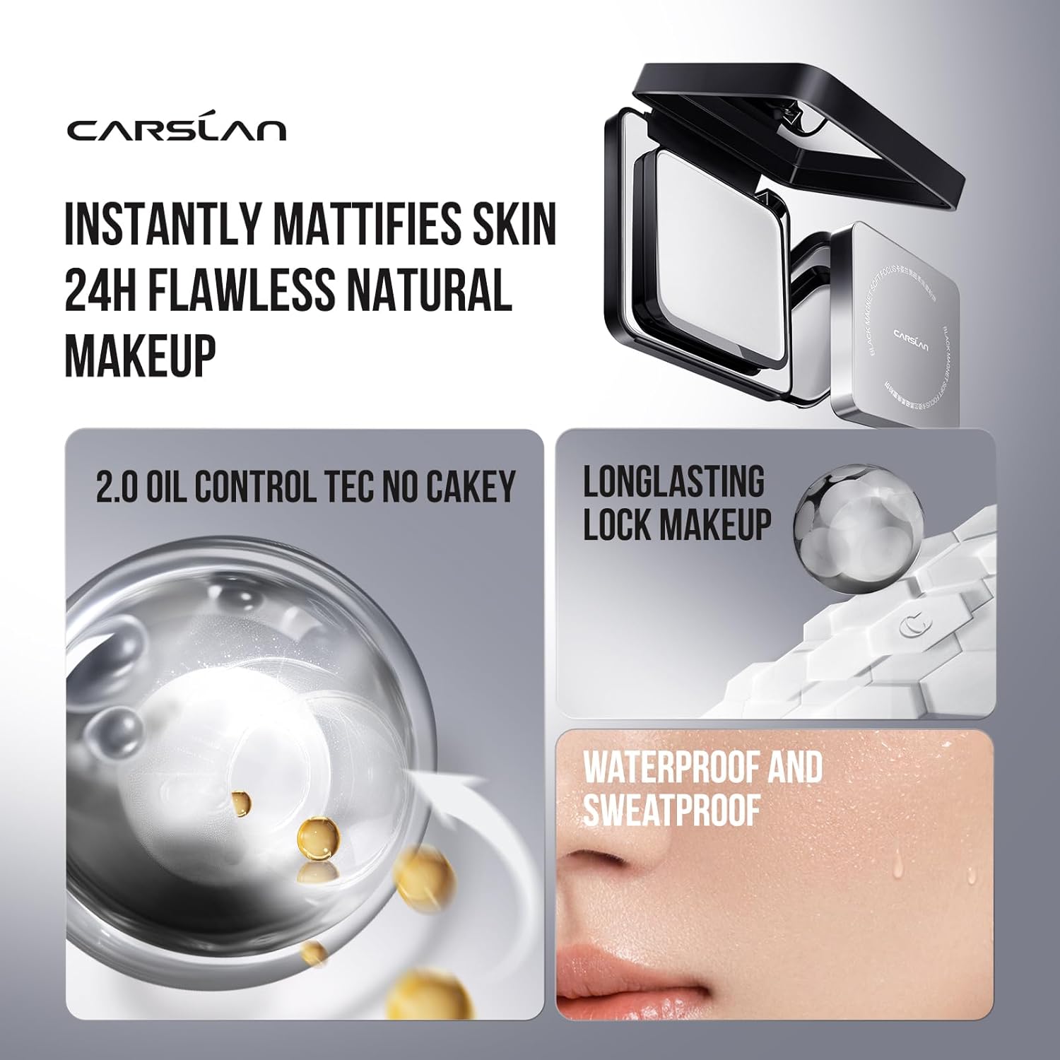 CARSLAN 2.0 Black Magnet Soft Focus Powder, Waterproof Translucent Pressed Setting Powder, 24H Longlasting Talc-Free Face Powder, Oil Control Compact Makeup,02 Translucent For Oily Skin, 0.28Oz