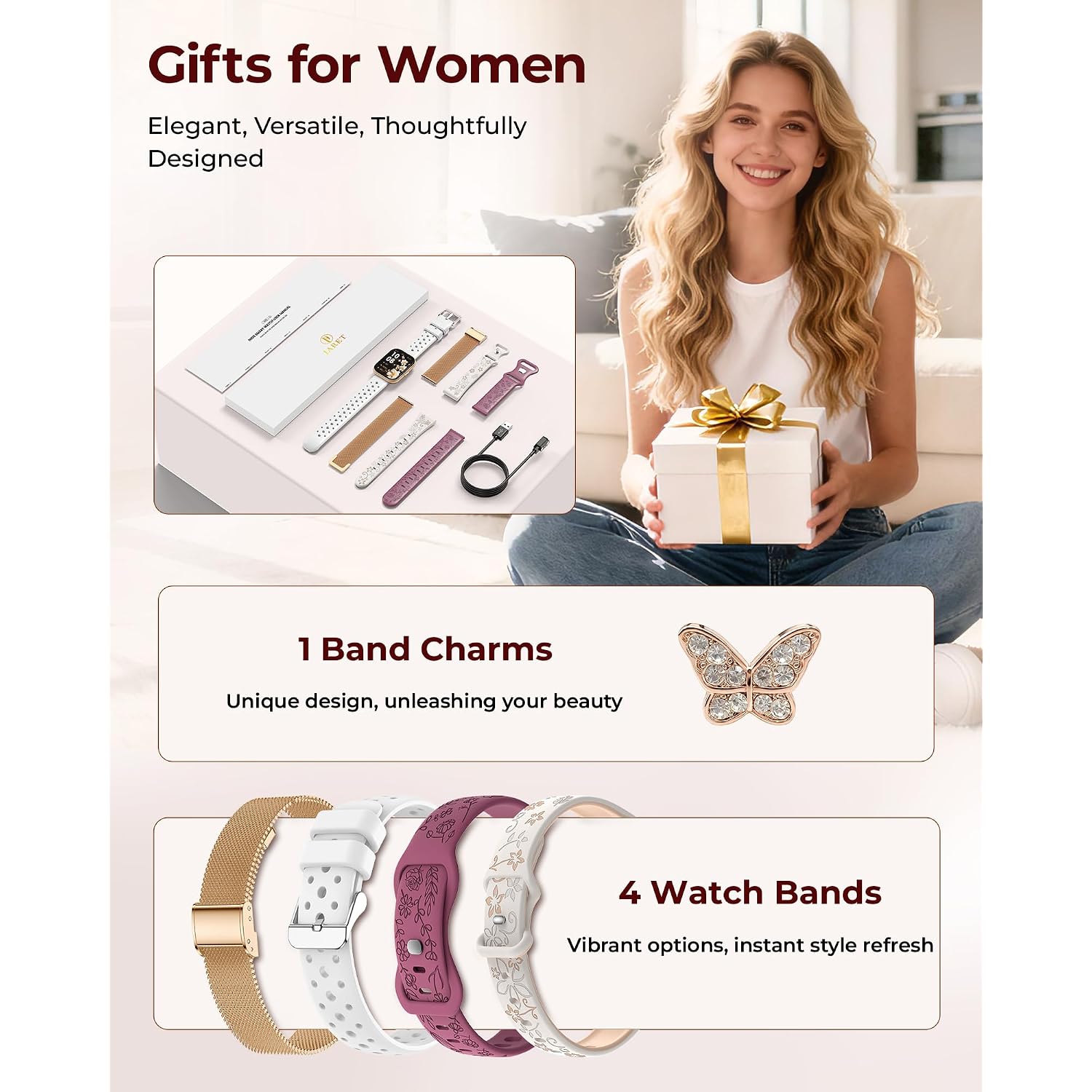 Iaret Smart Watch For Women, 4 Bands & Charm Gift Set, 1.75" Hd Fitness Tracker With Bluetooth Calls, Heart Rate Spo2 Sleep Monitor, 120+ Sports Modes, Compatible With Android Iphone (Rose Gold)