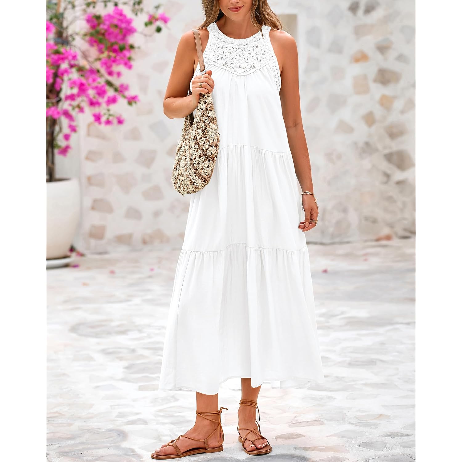 Btfbm Halter Summer Dresses For Women 2026 Casual Spring Hollow Out Sleeveless Boho Sundresses Beach Vacation Maxi Dress