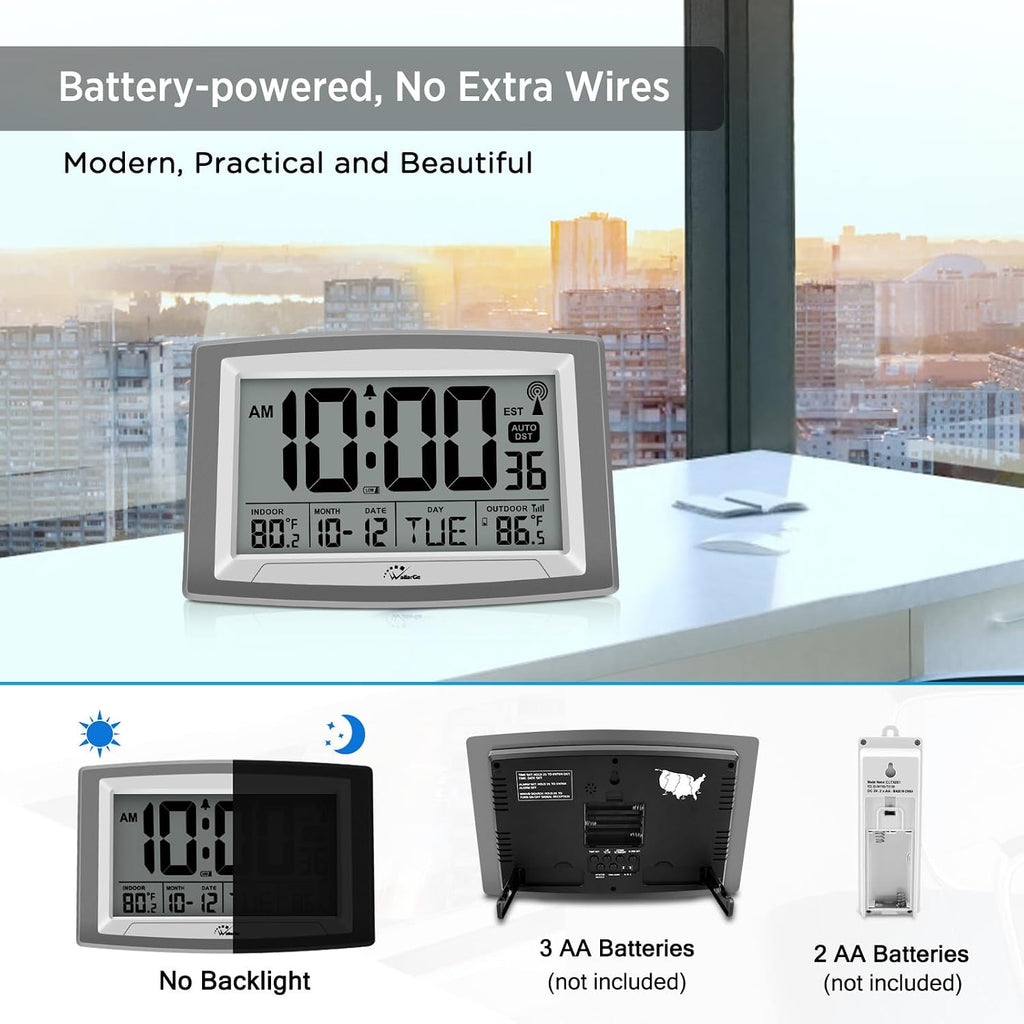 Atomic Clock With Outdoor And Indoor Temperature - 12.5 Inch Self-Setting Digital Clock Large Display, Battery Operated Wall Clocks Or Desk Clocks For Bedroom, Livingroom, Office
