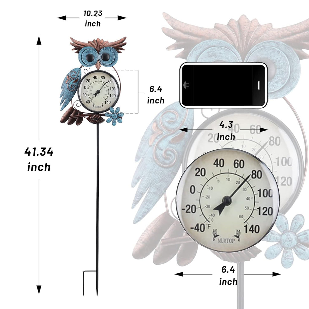 Outdoor Thermometer, Owl Outside Decor For Patio, Yard And Garden | No Battery Needed Garden Stake Wall Art Gifts Idea Waterproof