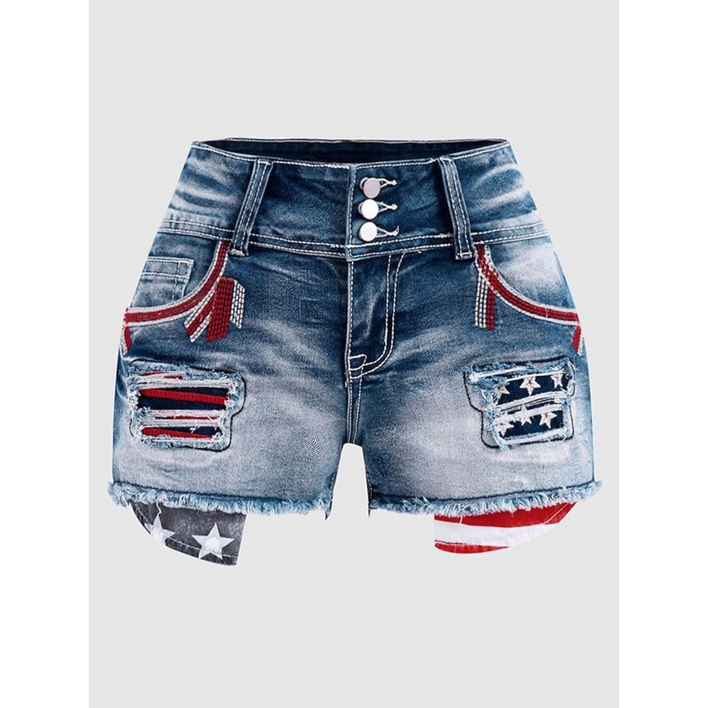 Distressed Jean Shorts for Women High Waist American Flag Button Fly Raw Hem Denim Shorts