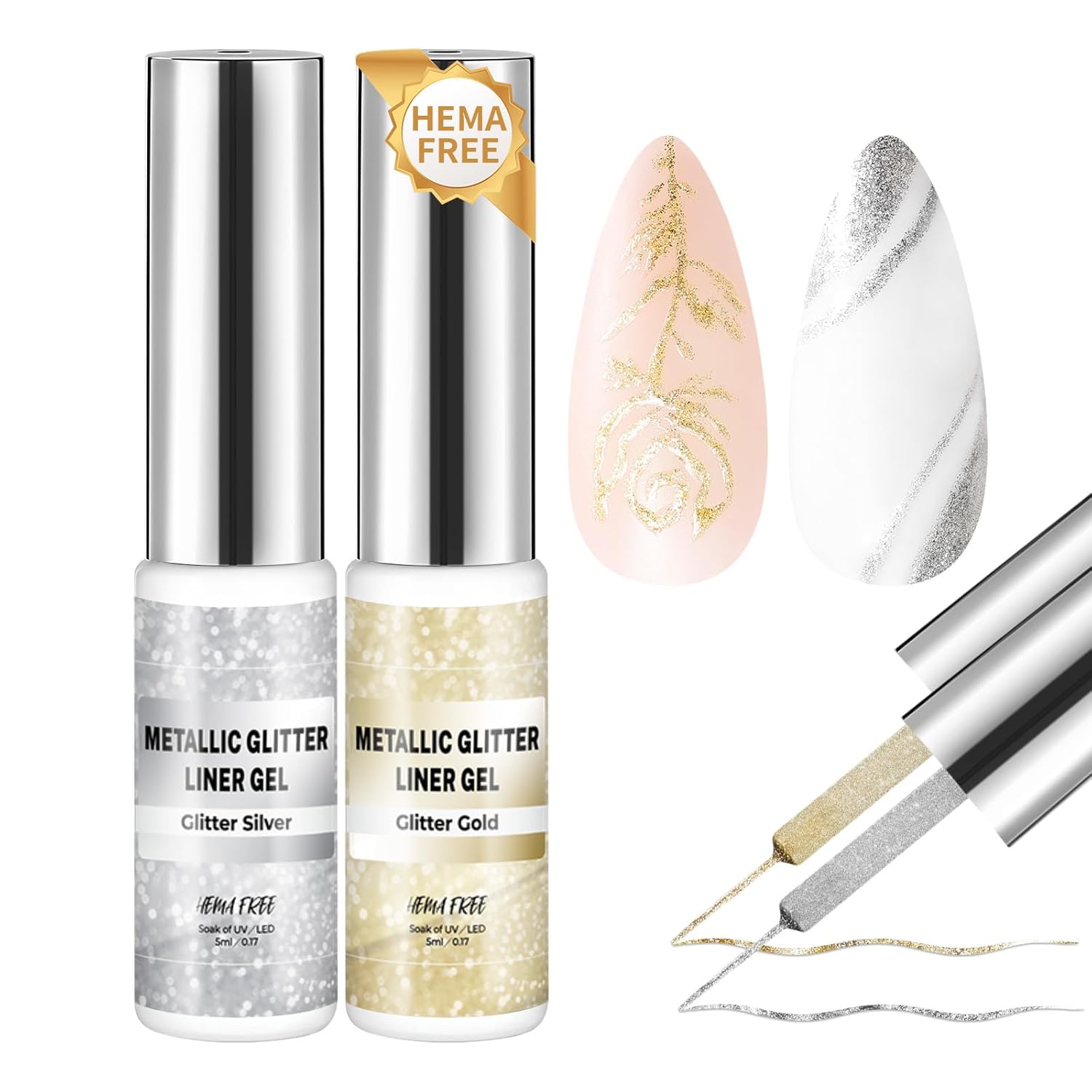 Hema Free Metallic Mirror Painting Gel Nail Polish, Glitter Silver & Gold Metal Painted Drawing Gel with Brush Chrome Gel Polish 2pcs 6ml Set 3D Effect Curing Requires Home Nail Art DIY