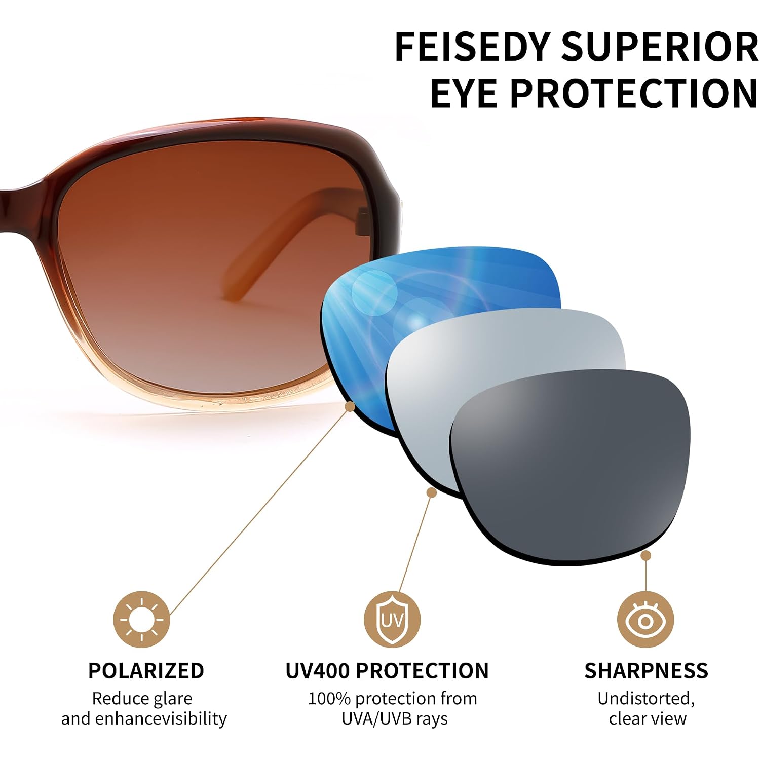 FEISEDY Polarized Sunglasses for Women Classic Vintage Square Wraparound UV400 Protection Shade B0309 Gradual Brown Frame & Gradual Brown Lens