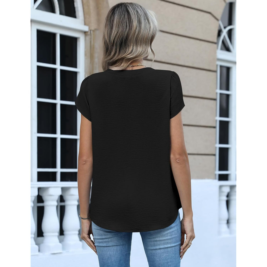 Womens Tops Dressy Casual Textured Blouses Cap Short Sleeve Shirts V Neck Button Up Summer Spring Work Tshirt Clothes