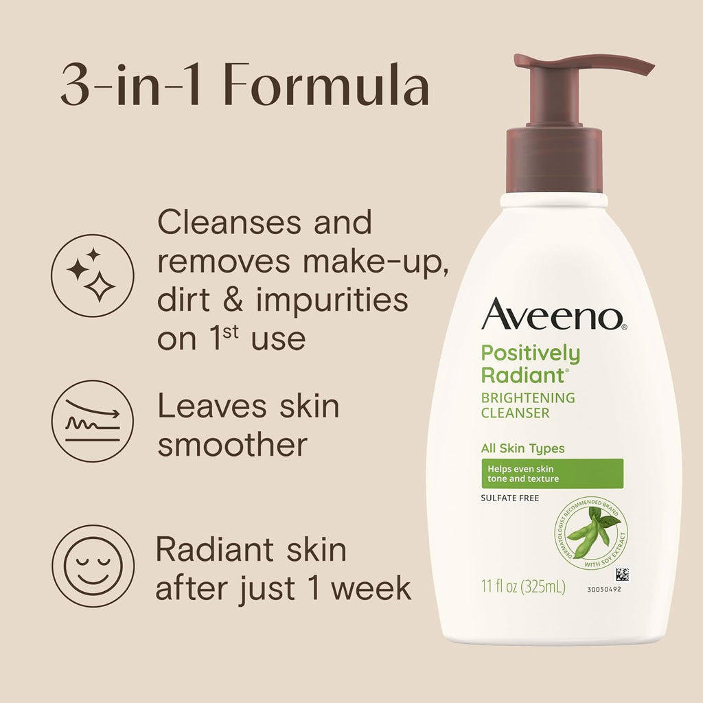 Aveeno Positively Radiant Brightening Facial Cleanser With Moisture Rich Soy Extract, Helps Even Skin Tone & Texture While Gently Lifting Away Dirt, Oil & Makeup, Sulfate-Free, 11 Fl. Oz