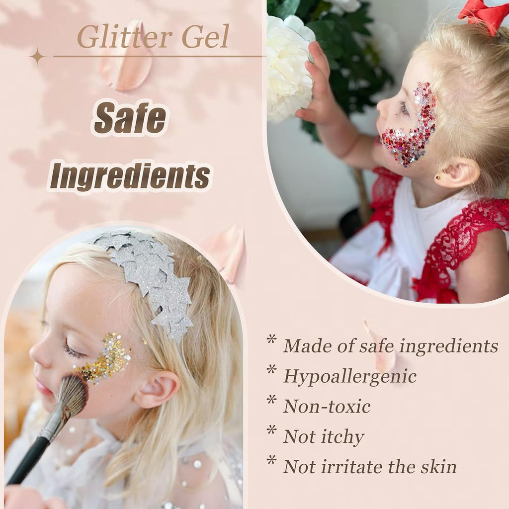 Face Body Glitter, Hair Glitter Sparkles Chunky Face Glitter Gel For Girls Makeup Singer Concerts Mermaid Festival Sequins Face Paint (White+Silver+Pink+Gold+Blue)