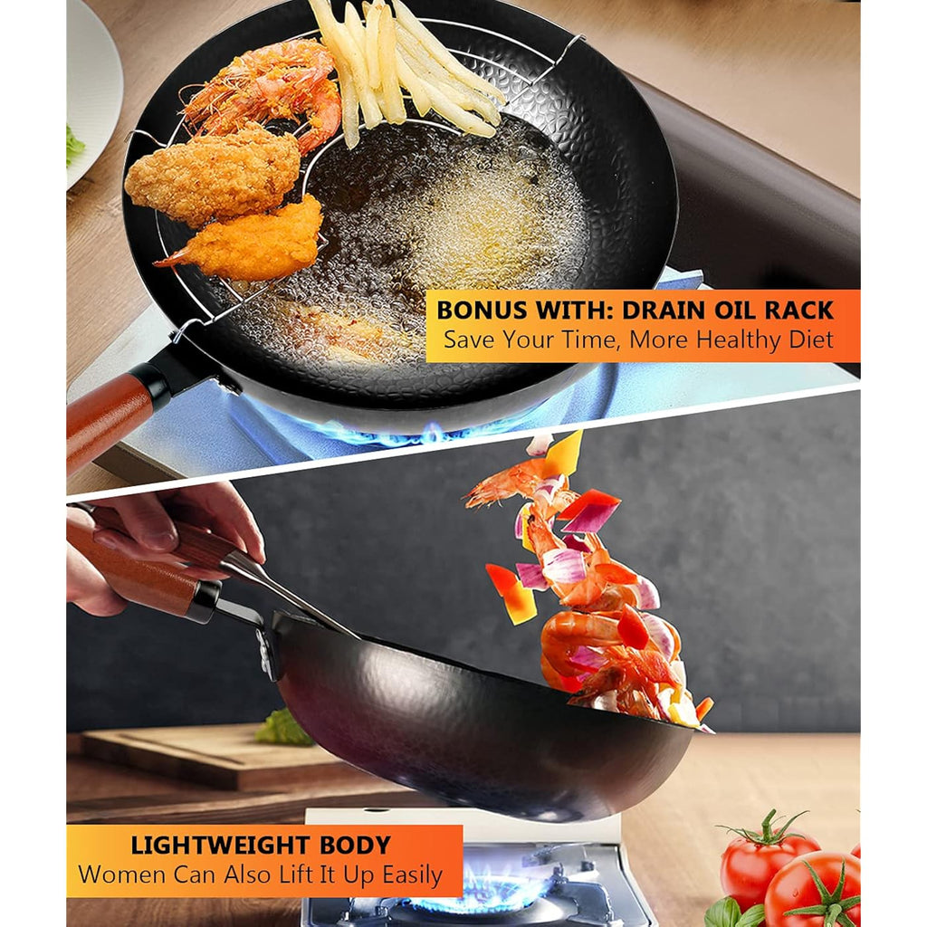 14 Piece Carbon Steel Wok Pan, Woks & Stir-Fry Pans Set With Wooden Lid Cookwares, No Chemical Coated Flat Bottom Chinese Pan For Induction, Electric, Gas, Halogen All Stoves - 12.6''