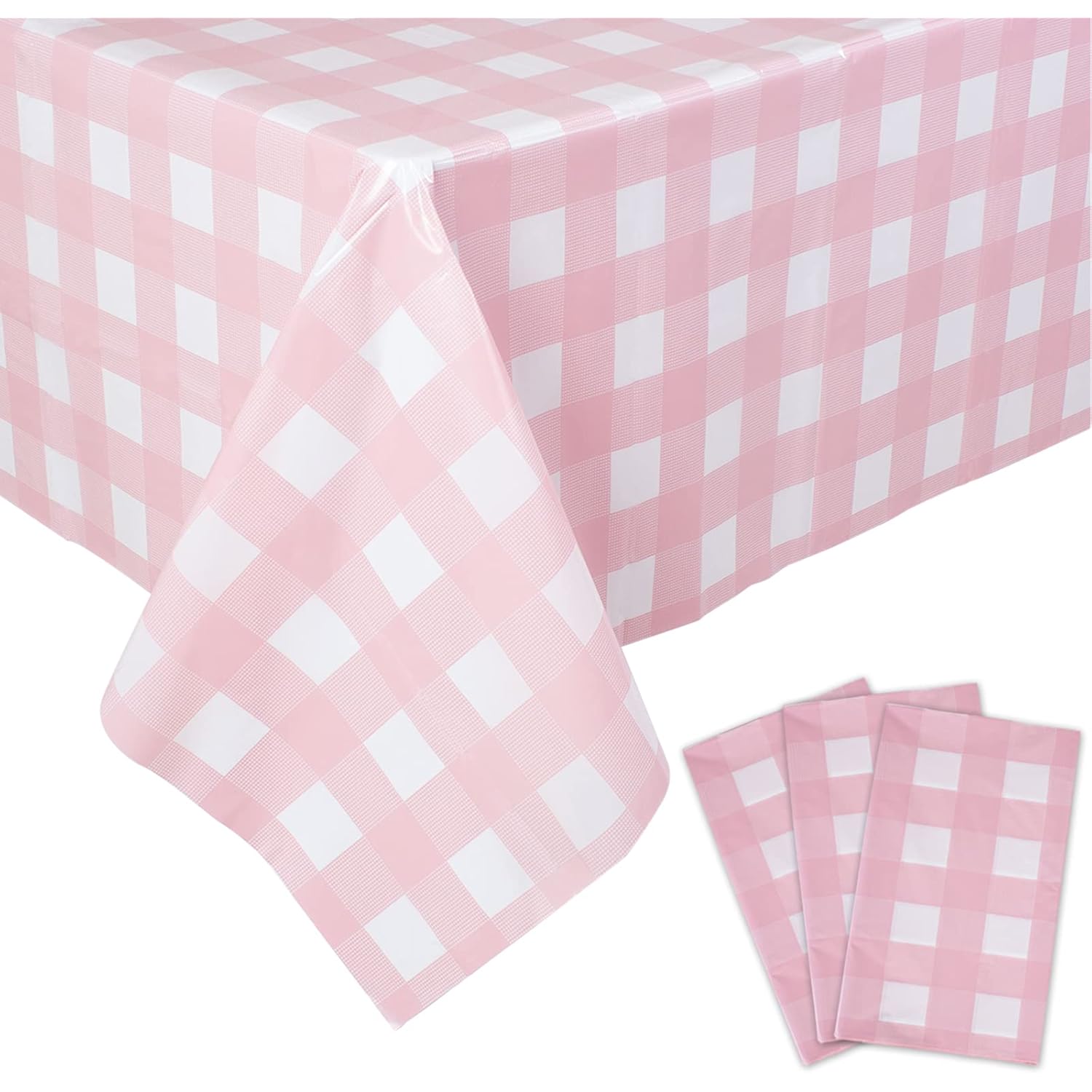 Kesfey 3 Packs Pink Gingham Tablecloth Pink and White Checkered Tablecloths 54 x 108 Inches Disposable Plastic Gingham Tablecovers Waterproof Rectangle Picnic Table Covers for Birthday Party Supplies