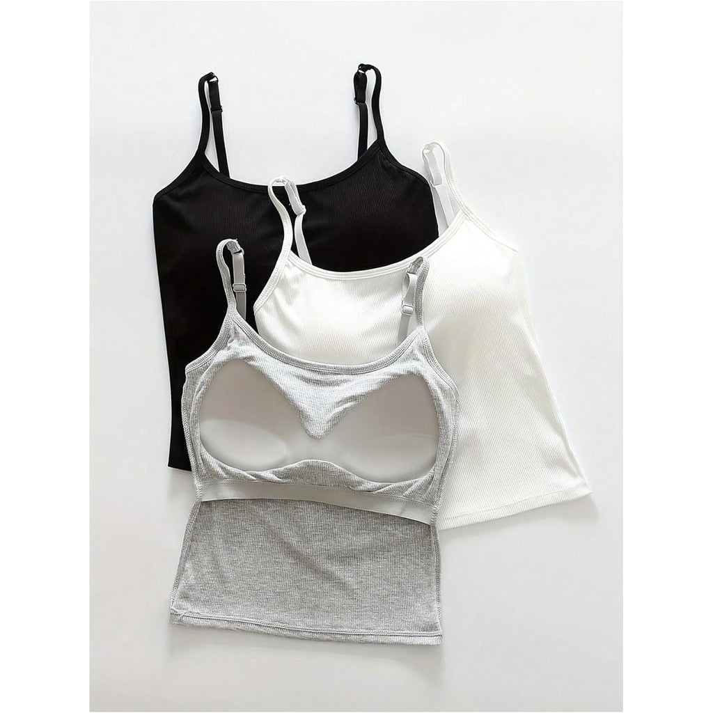 Women's 3 Pack Cami Crop Top Built in Bra Spaghetti Strap Camisole Tops