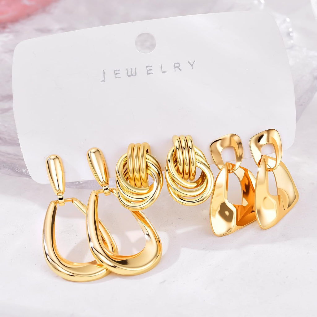 6 Pairs Chunky Gold Earrings For Women Trendy Statement Gold Plated Flower Shell knot Dangle Earrings Lightweight Hypoallergenic Fashion Jewelry Set