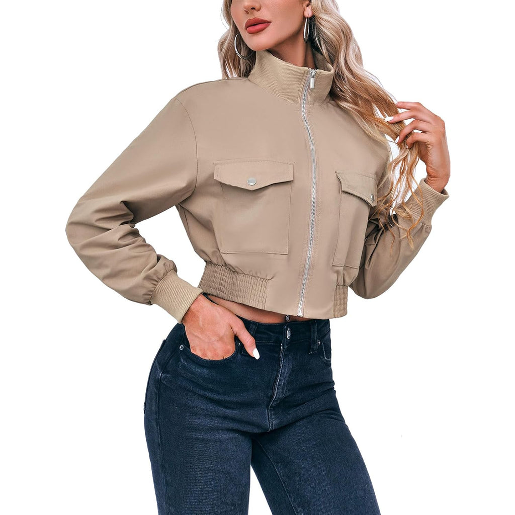 Fisoew Women'S Cropped Bomber Jackets Lightweight Zip Up Stand Collar Long Sleeve Short Jacket With Pockets