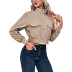 Fisoew Women'S Cropped Bomber Jackets Lightweight Zip Up Stand Collar Long Sleeve Short Jacket With Pockets