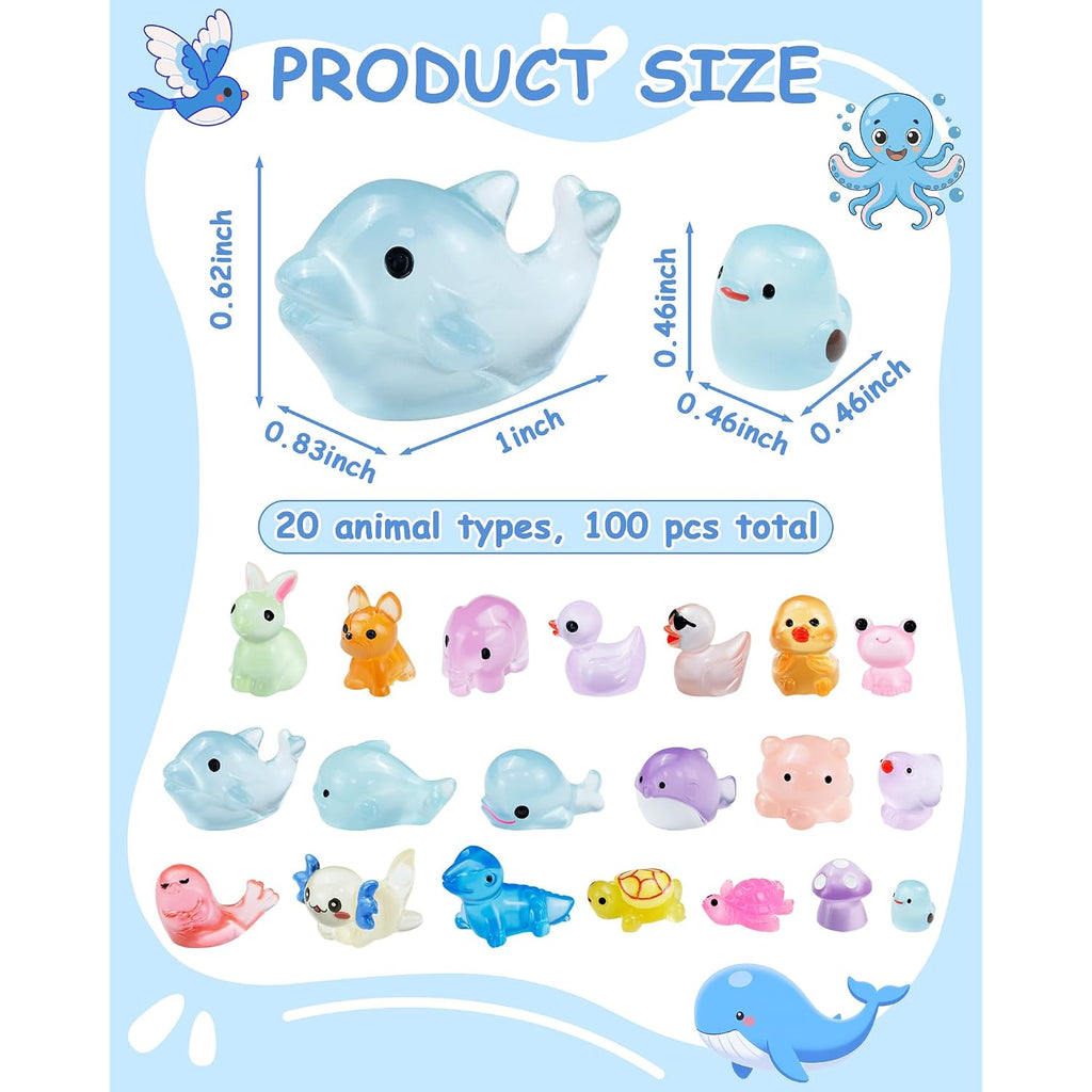 Fiveizero 100Pcs Luminous Mini Resin Animals Bulk - 20 Styles Glow In The Dark Plastic Tiny Animals Figures For Dollhouse, Fairy Garden, Aquarium, Party Favors & Diy Craft Decor