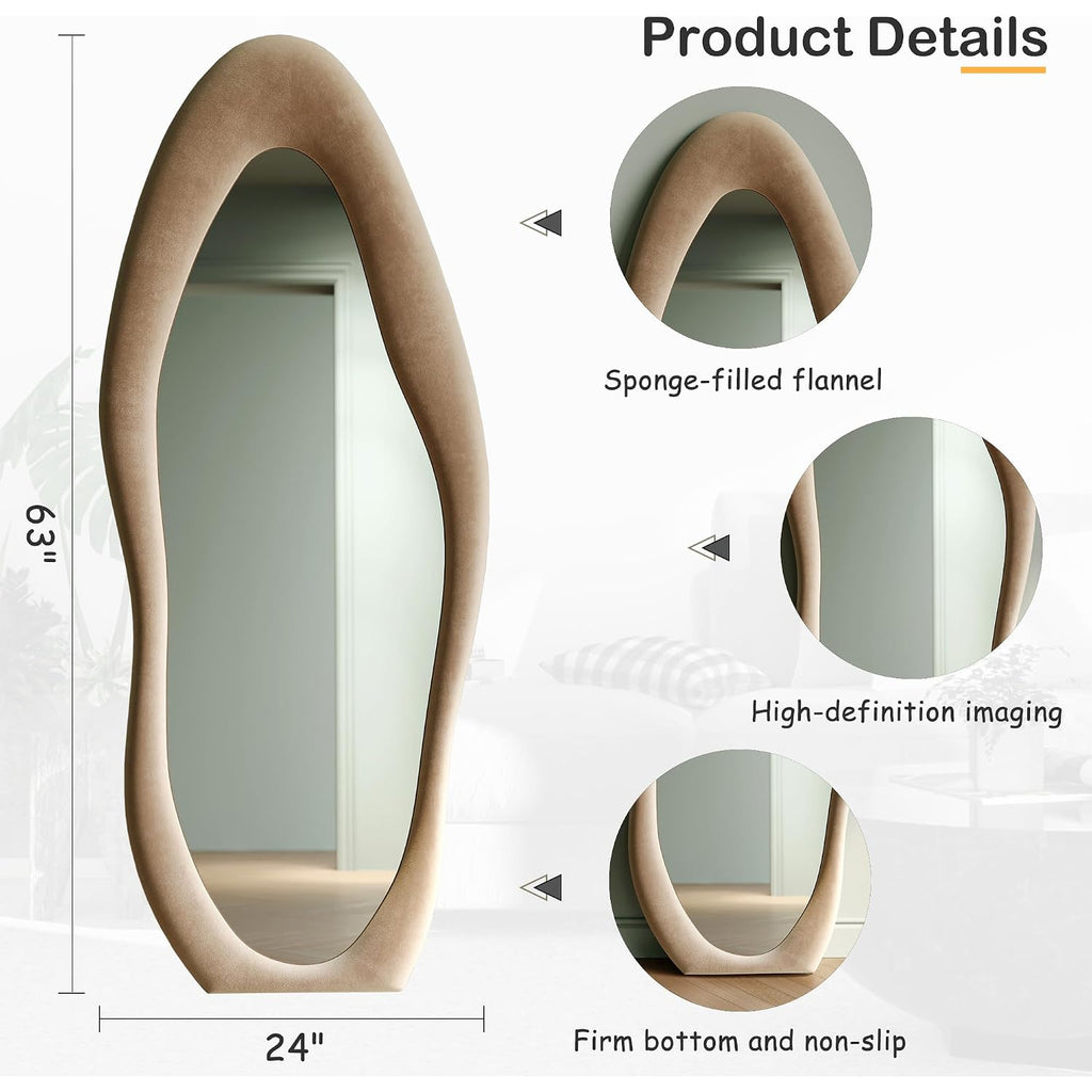 Full Length Mirror, 63" X 24" Wall Mirror, Flannel Wrapped Wooden Frame Floor Mirror, Irregular Wavy Mirror Hanging Or Leaning Against Wall For Cloakroom/Bedroom/Living Room, Milk Tea