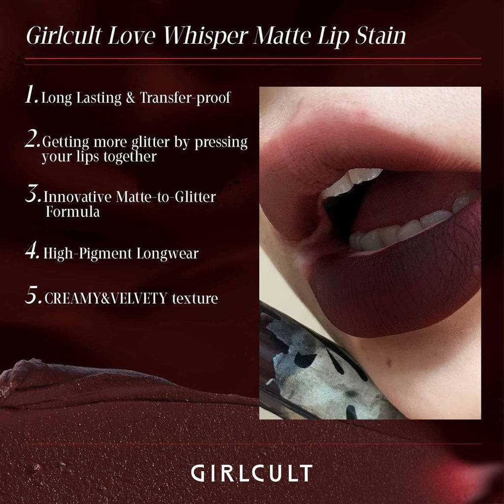 GIRLCULT Matte Lip Stain – Lightweight Velvet Lip Tint, Soft Matte Liquid Lipstick, Transfer-Resistant, Buildable Color, Comfortable Wear (M60)