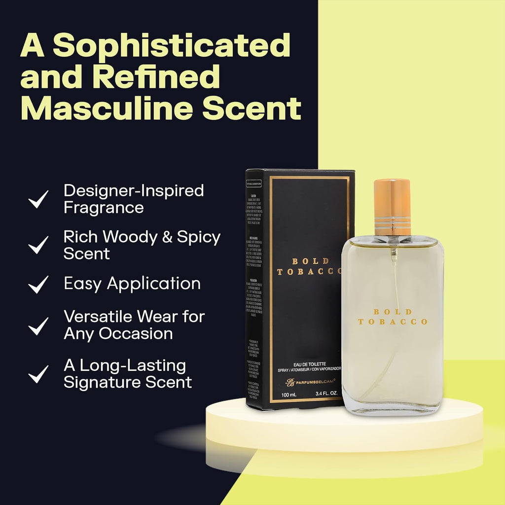 PB ParfumsBelcam Bold Tobacco Eau de Toilette Spray for Men – Warm Woody Spicy Scent with Tobacco Flower, Ginger, Cinnamon & Vanilla – Typically Lasts 3–6 Hours, Masculine Signature Scent, 3.4 fl oz