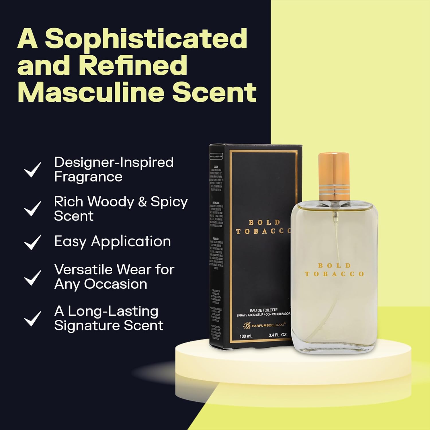 PB ParfumsBelcam Bold Tobacco Eau de Toilette Spray for Men – Warm Woody Spicy Scent with Tobacco Flower, Ginger, Cinnamon & Vanilla – Typically Lasts 3–6 Hours, Masculine Signature Scent, 3.4 fl oz