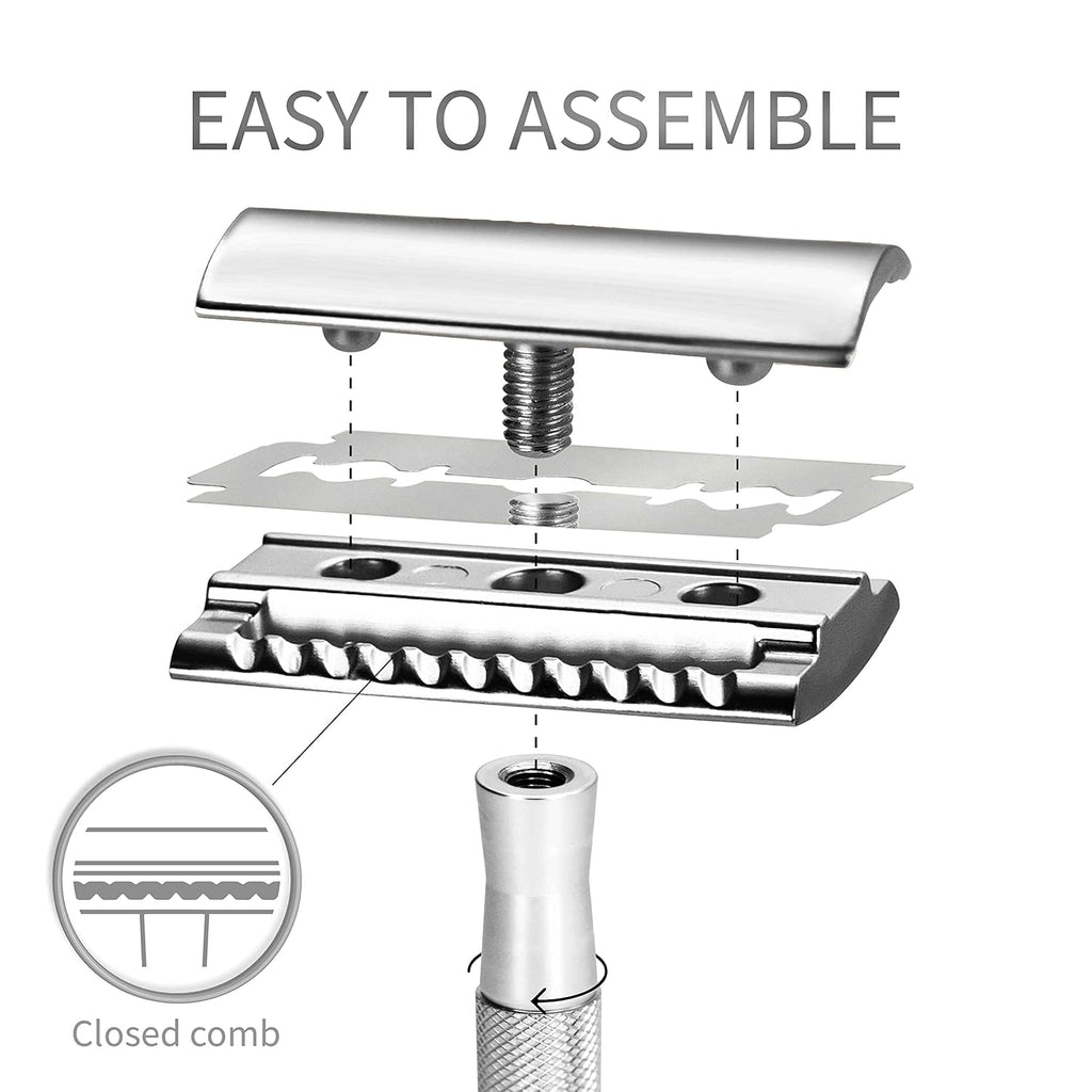 Bambaw Double Edge Safety Razor for Men & Women, Metal Razor with 5 Double Edge Safety Razor Blades, Eco-Friendly Razor – Silver