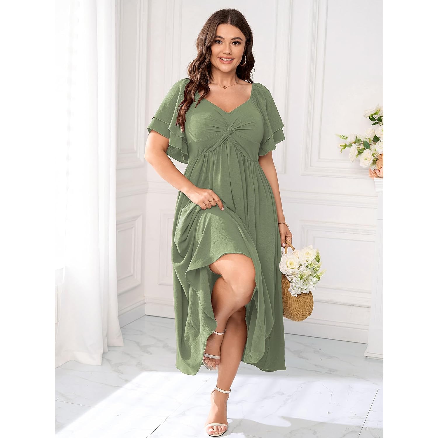 Scomchic Women'S Plus Size Wedding Guest Cocktail Dresses Sweetheart Neckline Ruffle Sleeve A Line Maxi Dress