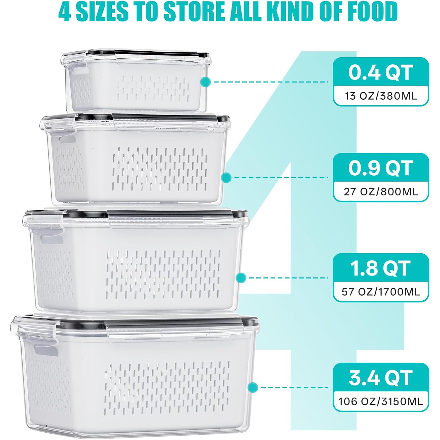 Hometall 4 Pack Fruit Storage Containers For Fridge Set, Produce Containers For Fridge With Strainer, Plastic Reusable Fridge Organizers And Storage For Berry Salad Lettuce, Size 3.4, 1.8, 0.9, 0.4Qt