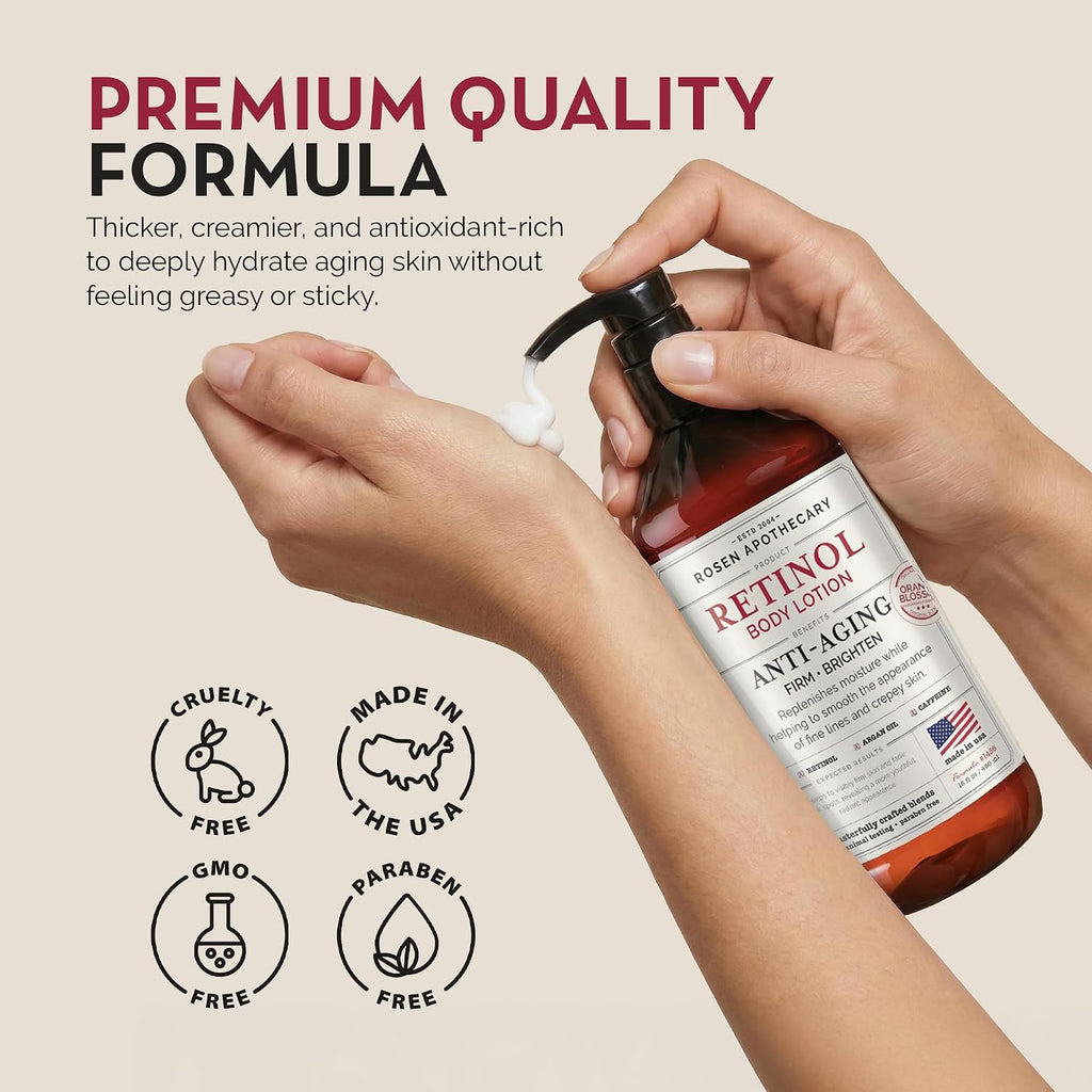 Rosen Apothecary Anti-Aging Retinol Body Lotion For Crepey Skin, Caffeine Firms & Tightens Aging Skin, Boosts Collagen, Restores Youthful Glow, 480Ml