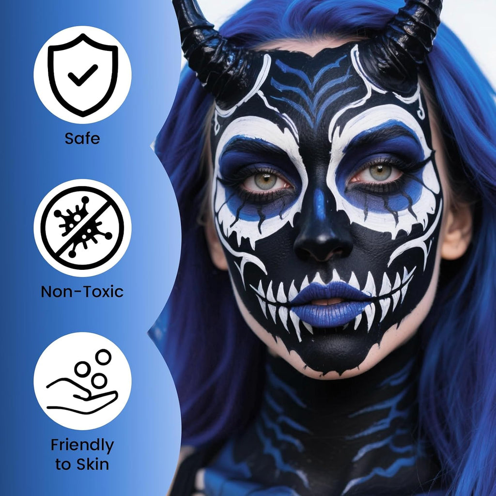 Ybuete Blue Black White Oil Based Face Paint Kit With Painting Brushes, Professional Full Coverage Greasepaint For Adults Halloween Cosplay Sfx Avatar Mermaid Makeup Stage Theater