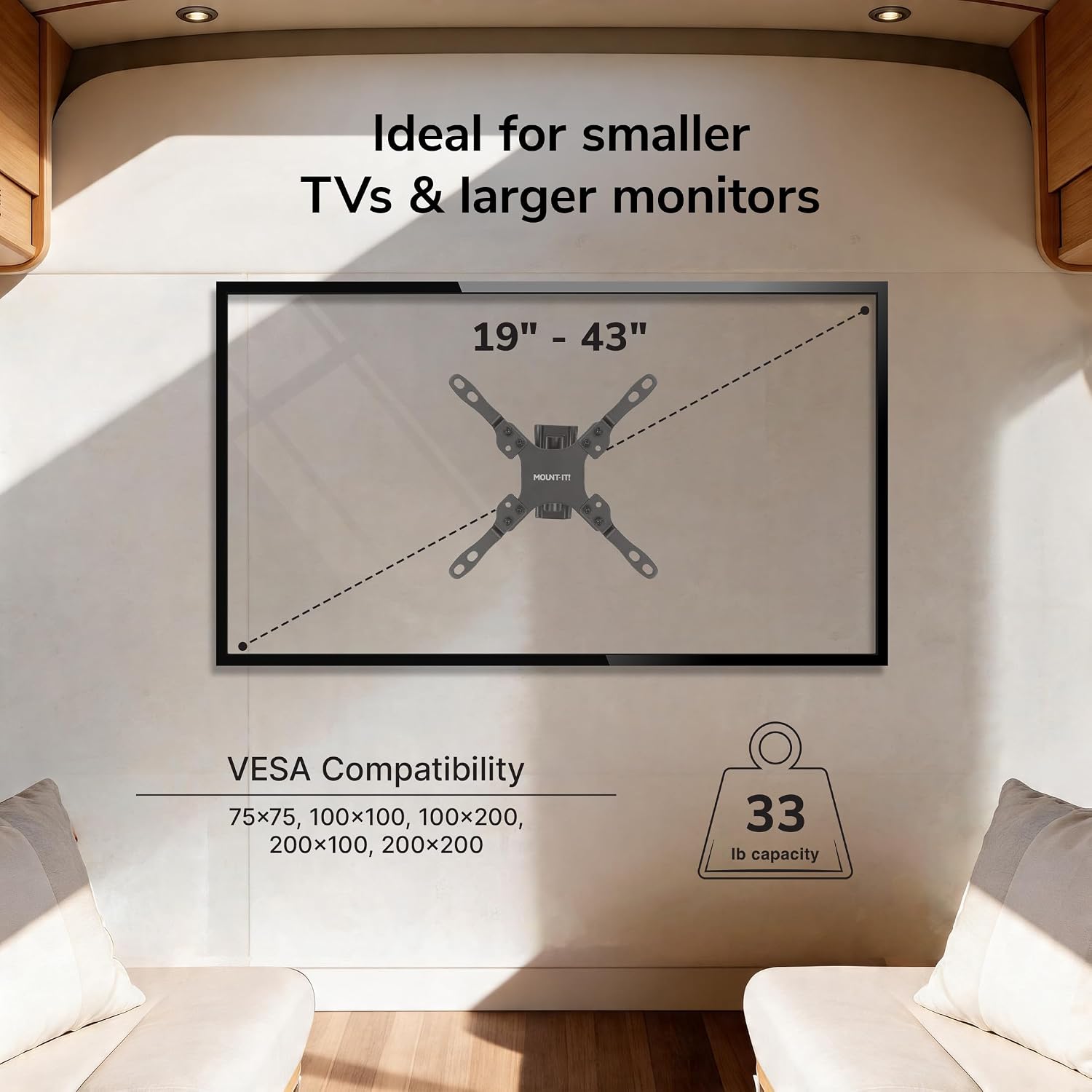 Mount-It! Rv Tv Wall Mount - Dual Wall Plates - Move Tv Between Indoor And Outdoor - Quick-Release Full Motion - Marine-Grade Rustproof Aluminum - 19–43" Tvs - Vesa 75X75–200X200-33 Lbs - ±30° Tilt