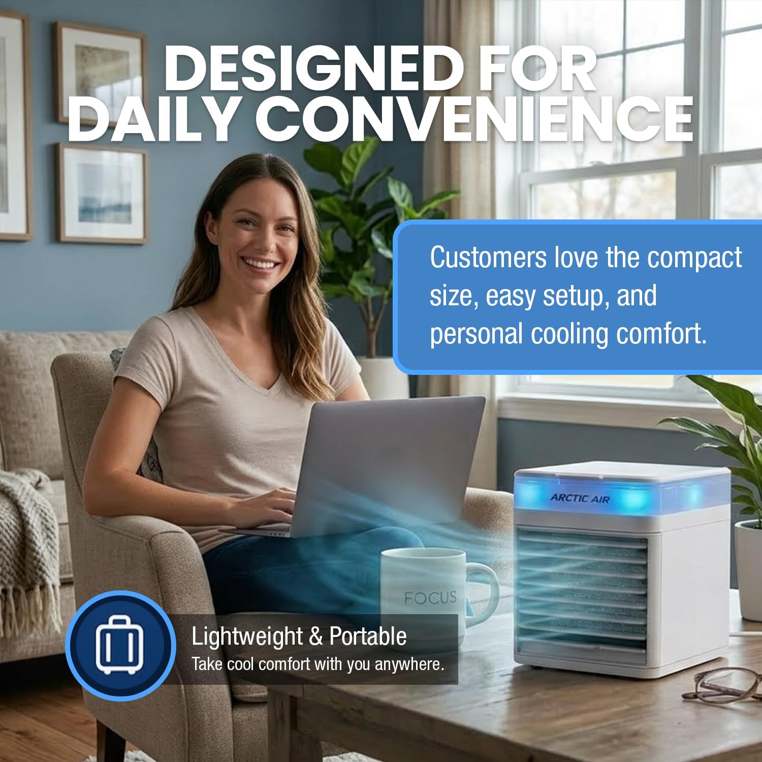 Arctic Air Pure Chill 2.0 Evaporative Air Cooler By Ontel - Powerful, Quiet, Lightweight And Portable Space Cooler With Hydro-Chill Technology For Bedroom, Office, Living Room & More,Blue