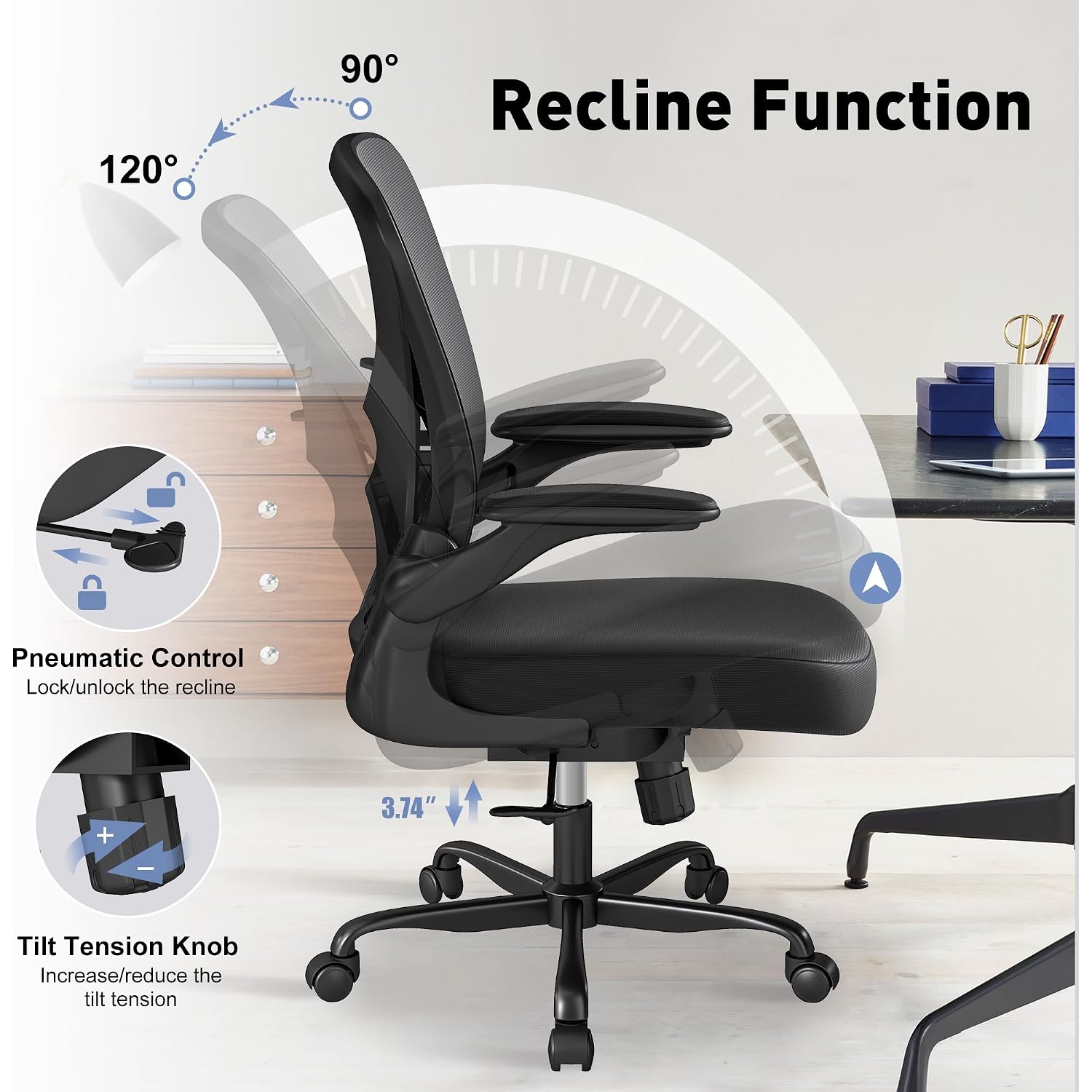 Ergonomic Office Chair With Adjustable Lumbar Support, 300 Lbs Swivel Desk Chair With Flip-Up Arms, Mesh Comfy Padded Seat For Computer And Home, Black