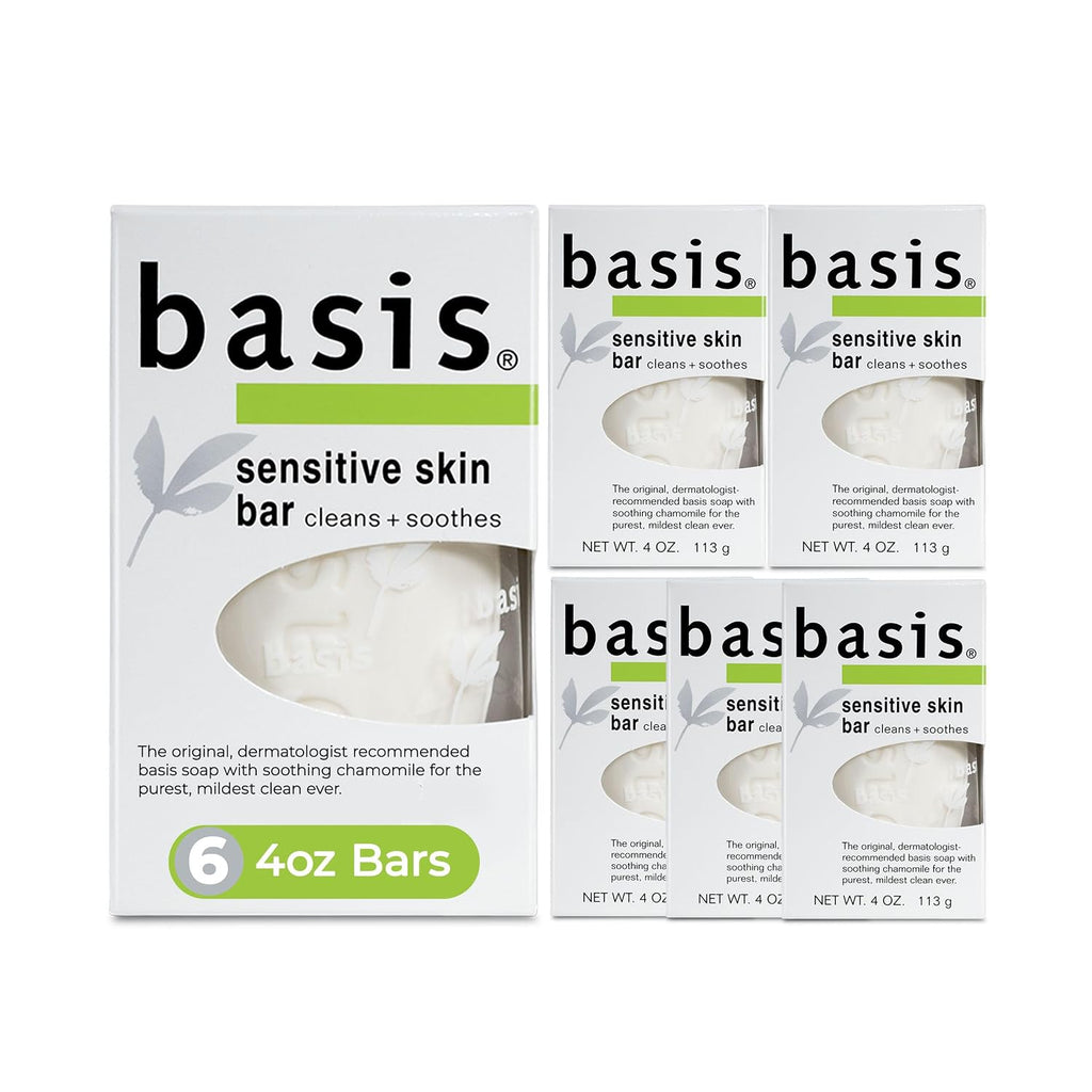 Basis Sensitive Skin Bar Soap For Body, Hands And Face, Unscented Soap Bar For Sensitive Skin With Chamomile And Aloe Vera, Bar Soap Bulk Pack, 4 Oz Bar, Pack Of 6