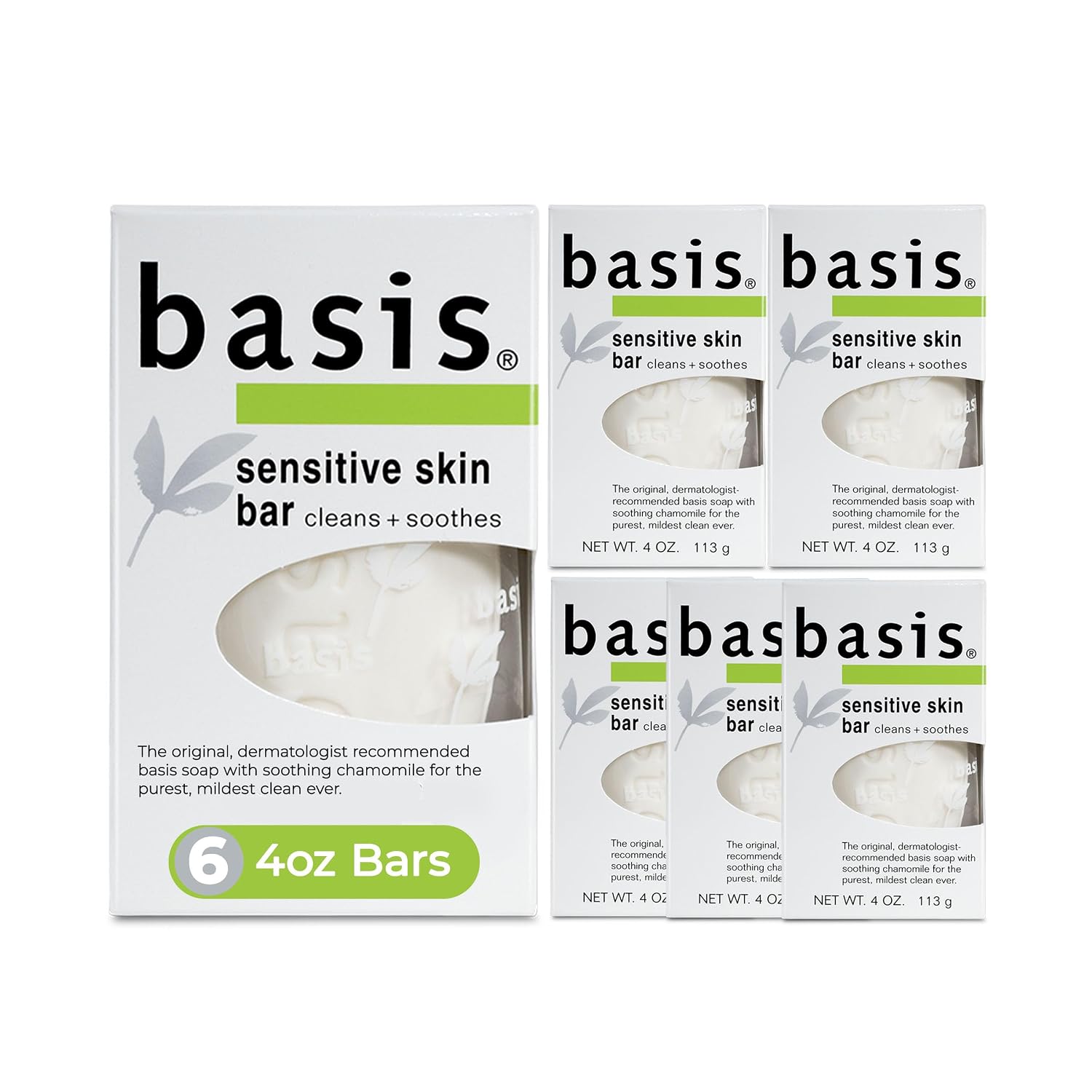 Basis Sensitive Skin Bar Soap For Body, Hands And Face, Unscented Soap Bar For Sensitive Skin With Chamomile And Aloe Vera, Bar Soap Bulk Pack, 4 Oz Bar, Pack Of 6