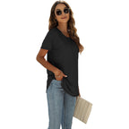 Summer Tops for Women Short Sleeve Crewneck Tshirts Side Split Loose Fit Tunic Shirts